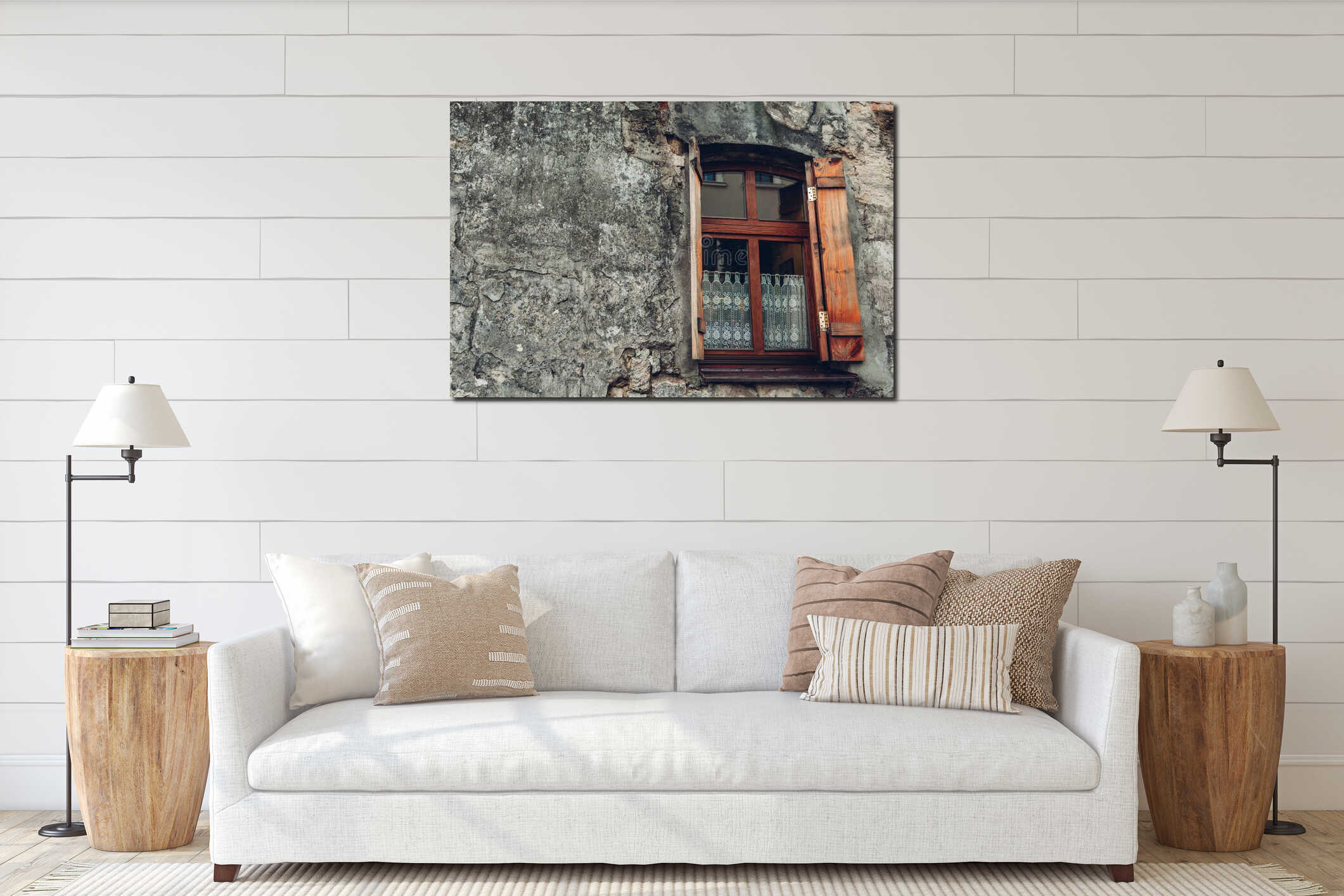 Single window in old wall. Ancient stone house. Wooden window with curtains interior mockup