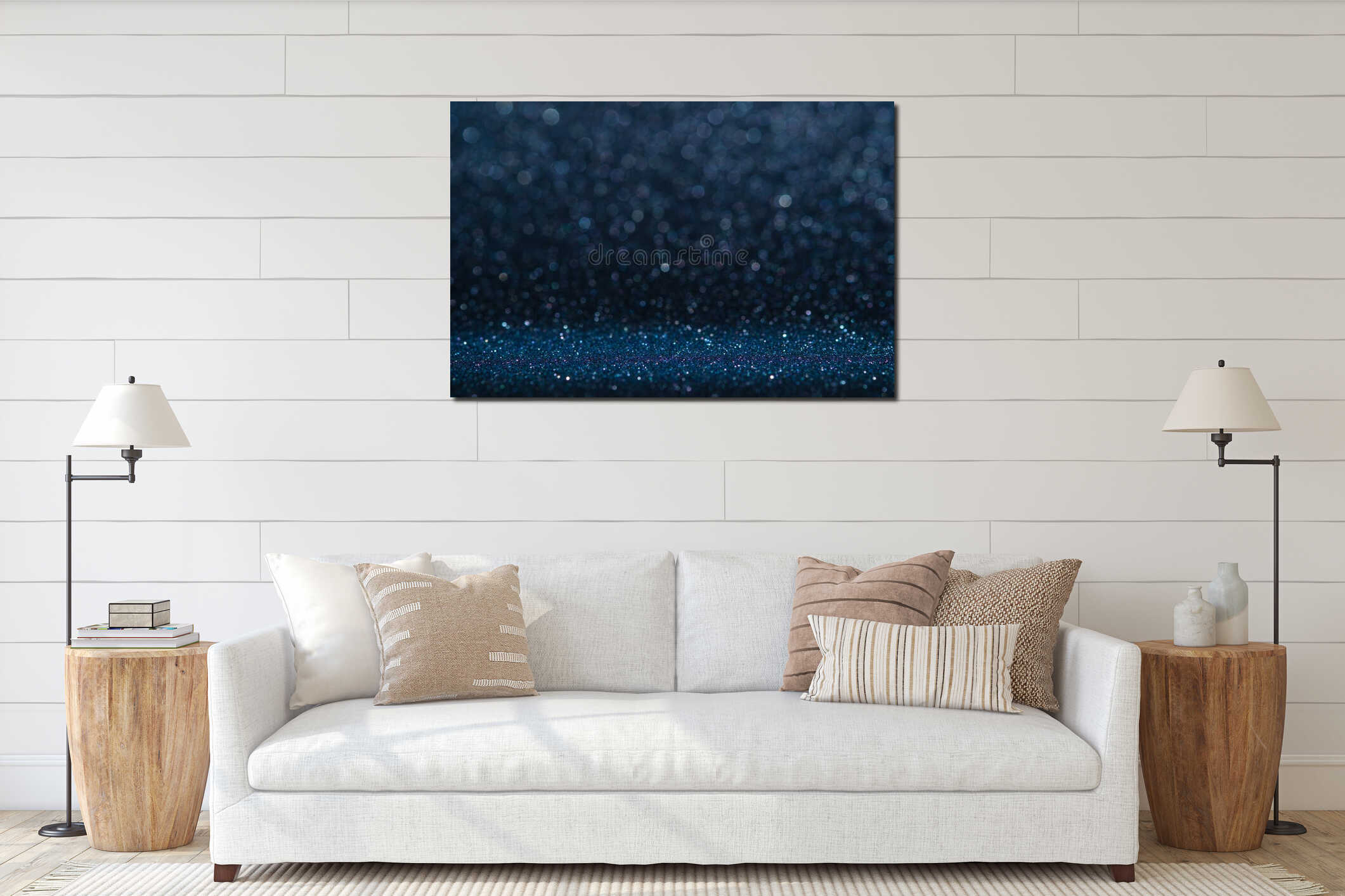 Abstract dark navy blue sparkling glitter wall and floor perspective background studio with blur bokeh.luxury holiday backdrop mo interior mockup
