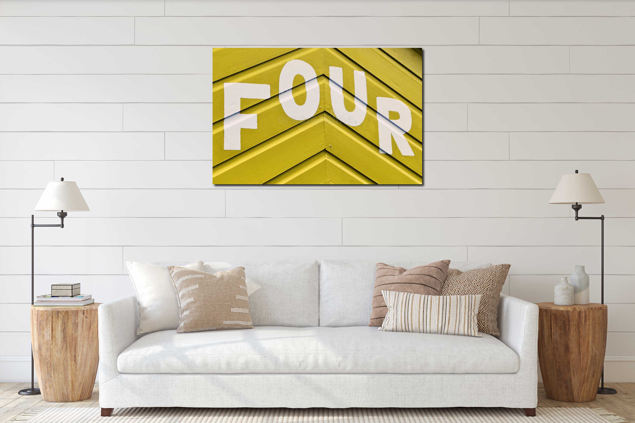 Number FOUR in letters written on the side of a wooden beach hut interior mockup