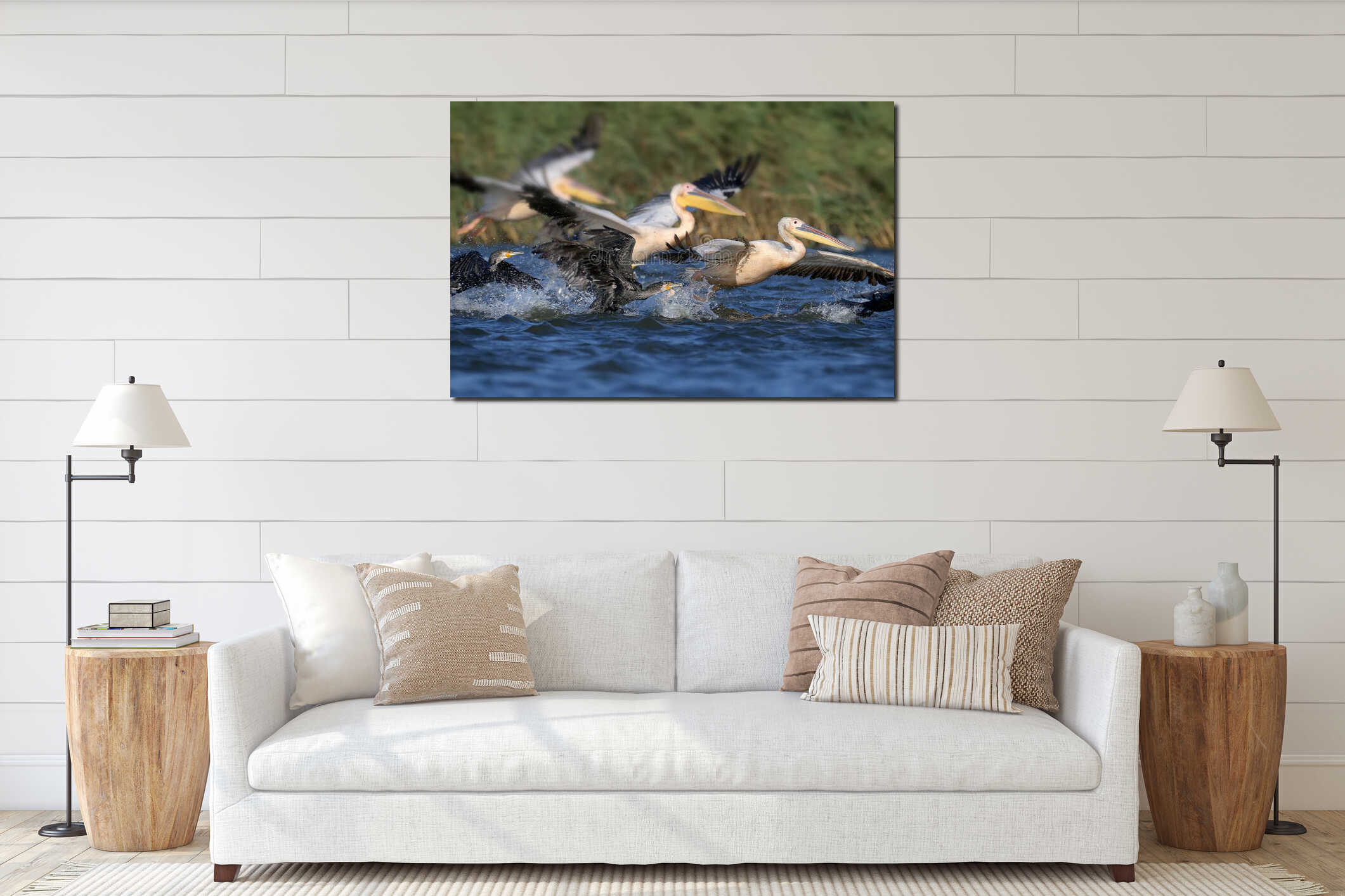 A large flock of white pelicans and cormorants together catching fish interior mockup