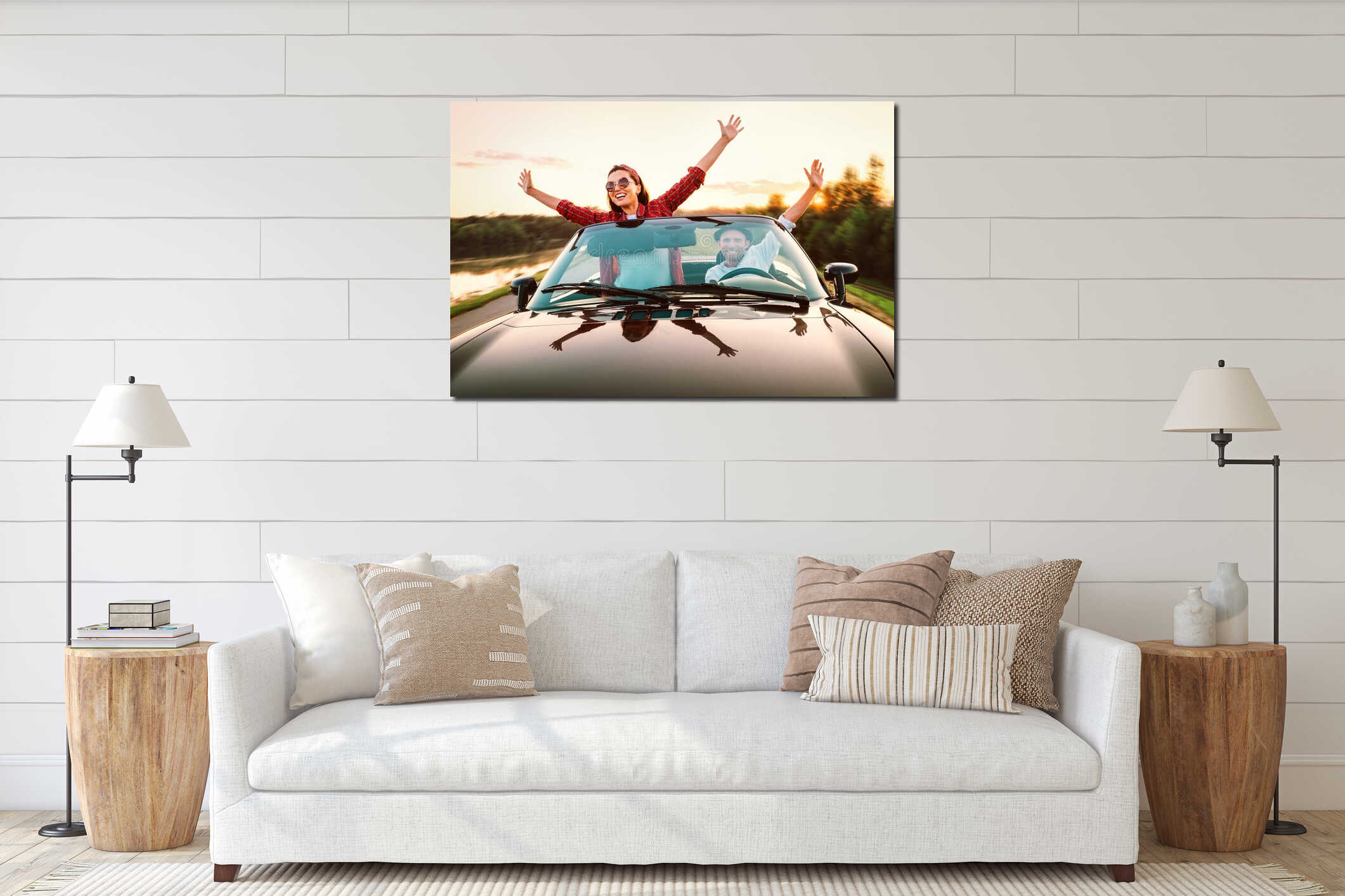 Traveling by car - happy couple in love go by cabriolet car in s interior mockup