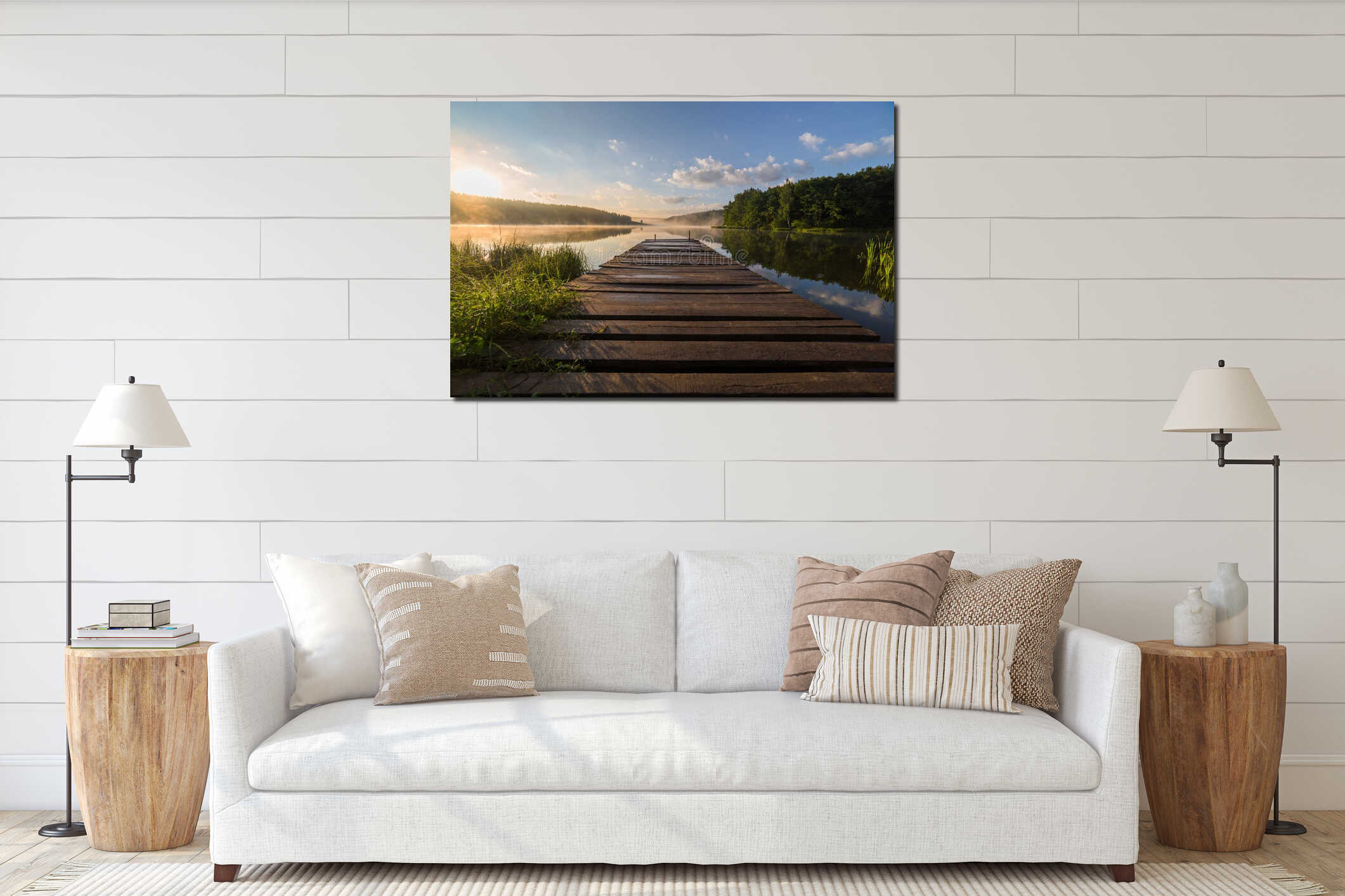 Sunrise over the foggy river with a wooden pier interior mockup
