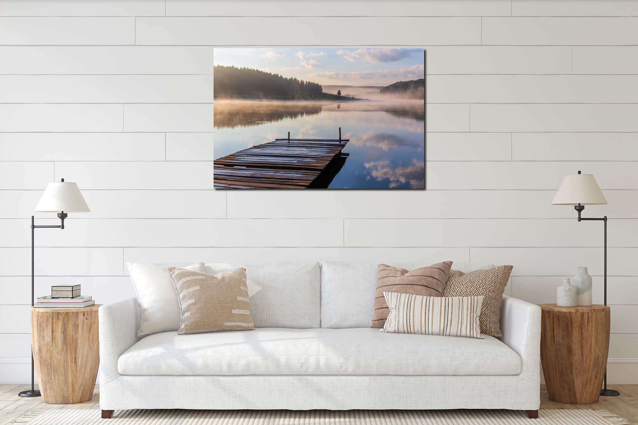 Sunrise over the foggy river with a wooden pier interior mockup