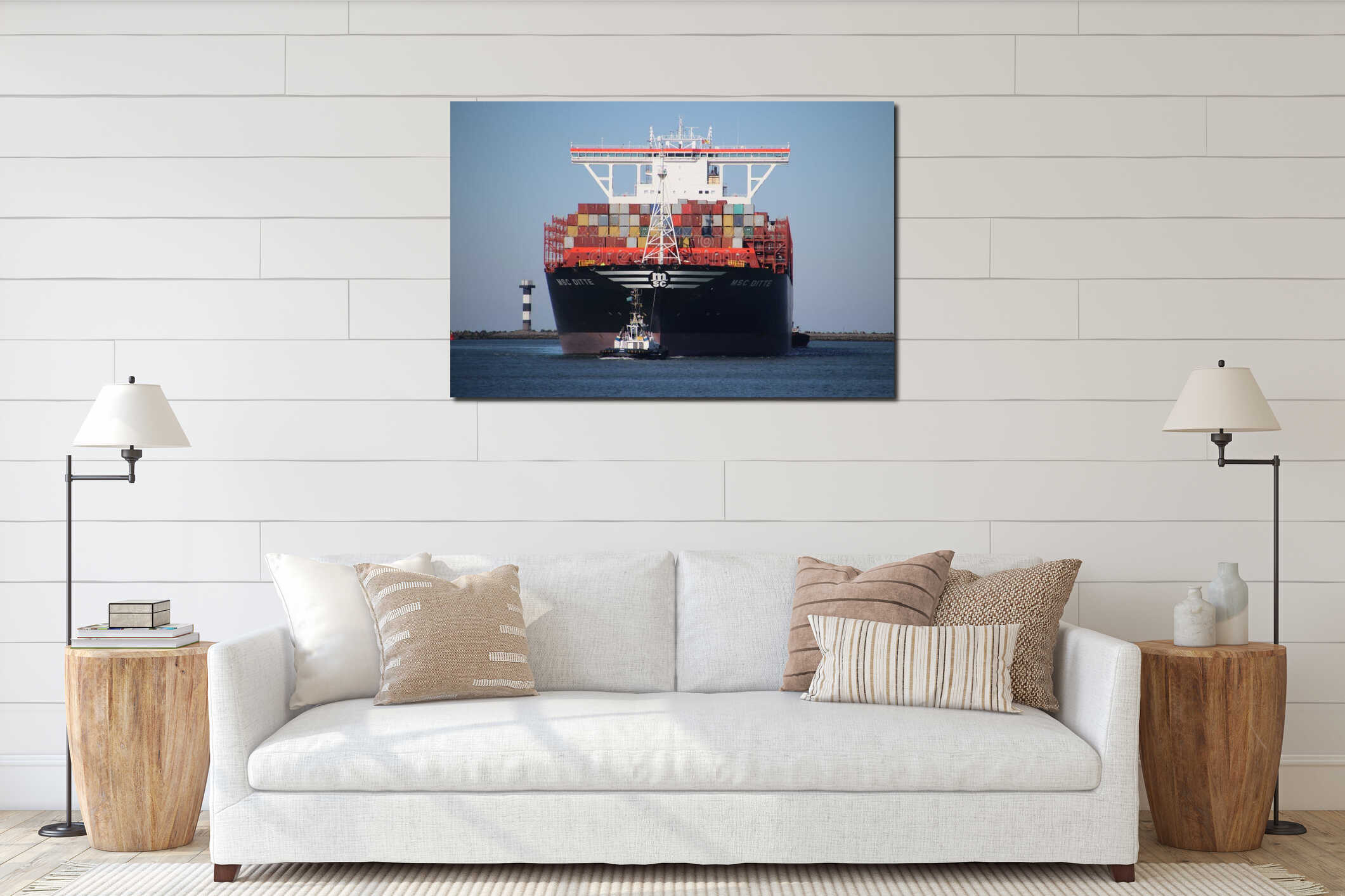 Container vessel MS Ditte arriving at the Maasvlakte harbor in the port of Rotterdam tugged by small tug ship. interior mockup