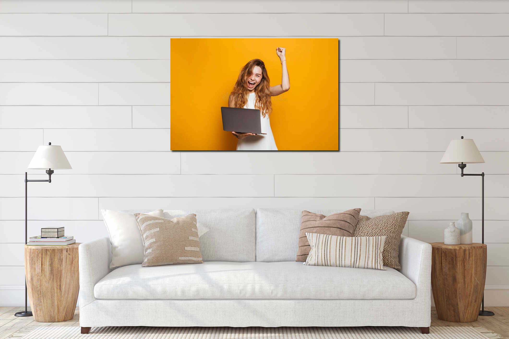 Portrait of a happy young girl holding laptop computer interior mockup
