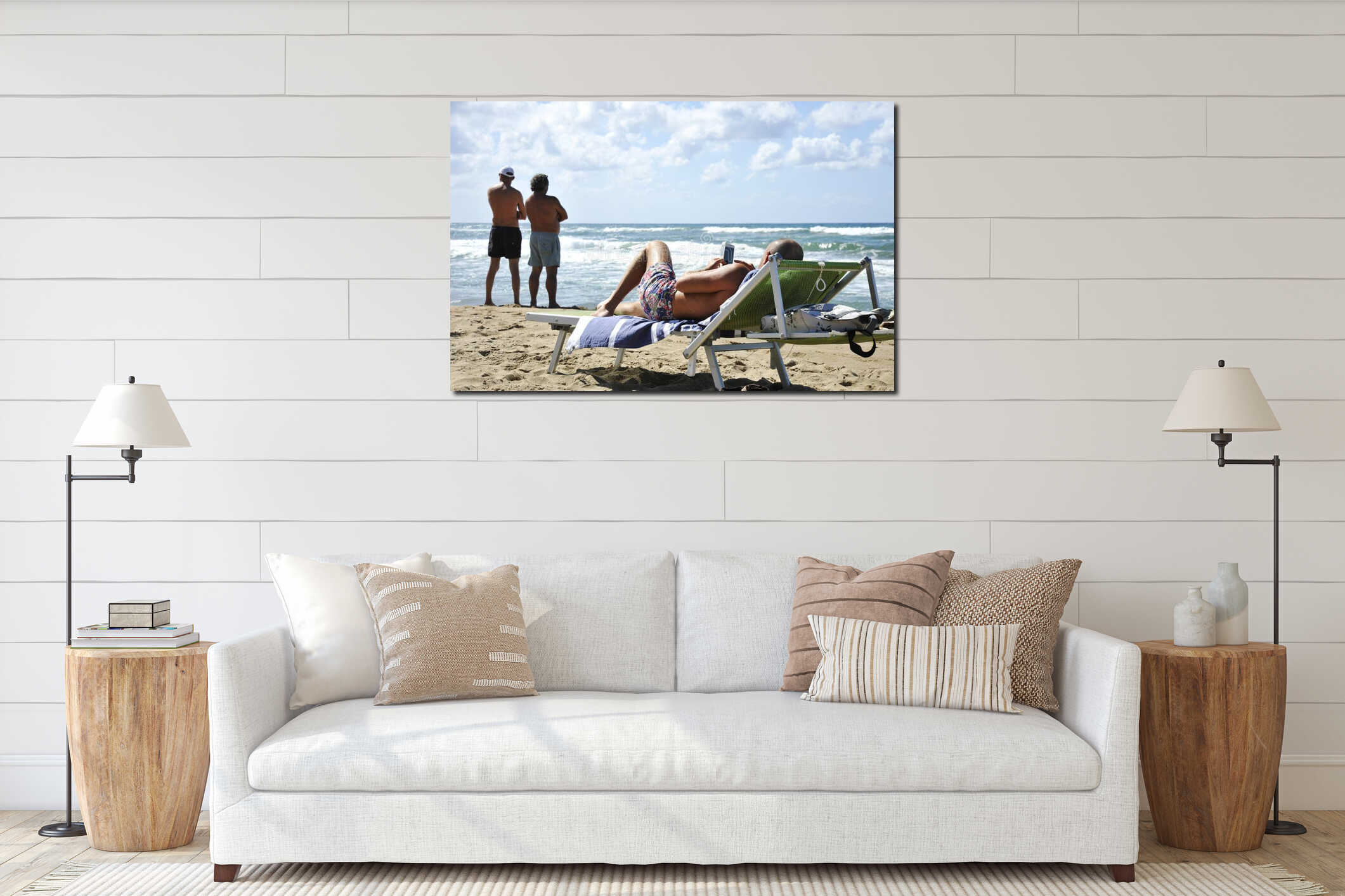 Two types of contemplation of our technological age. A single man contemplates his smartphone while two friends contemplate the in interior mockup