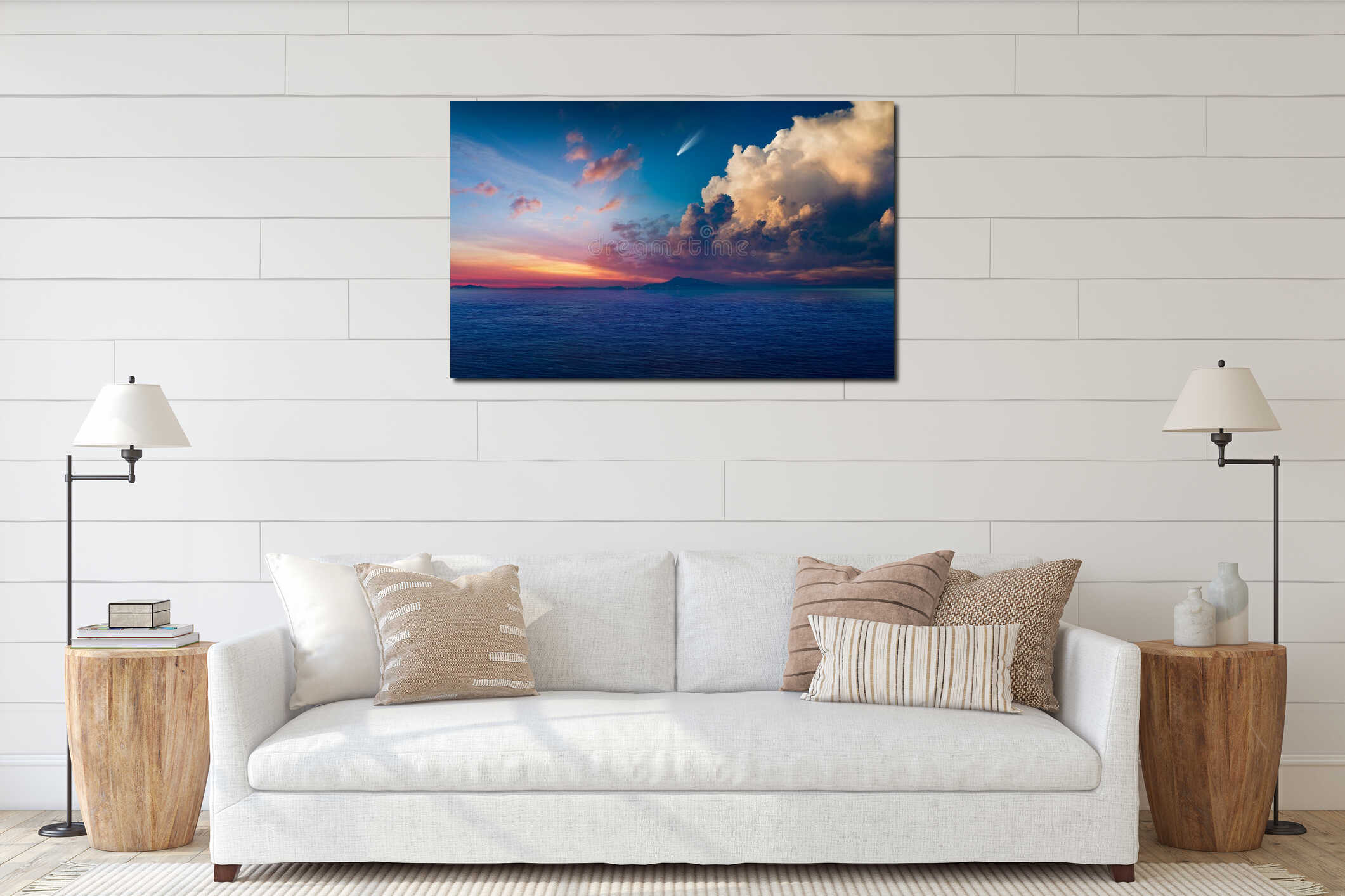 Bright comet in glowing sunset sky above dark blue sea interior mockup