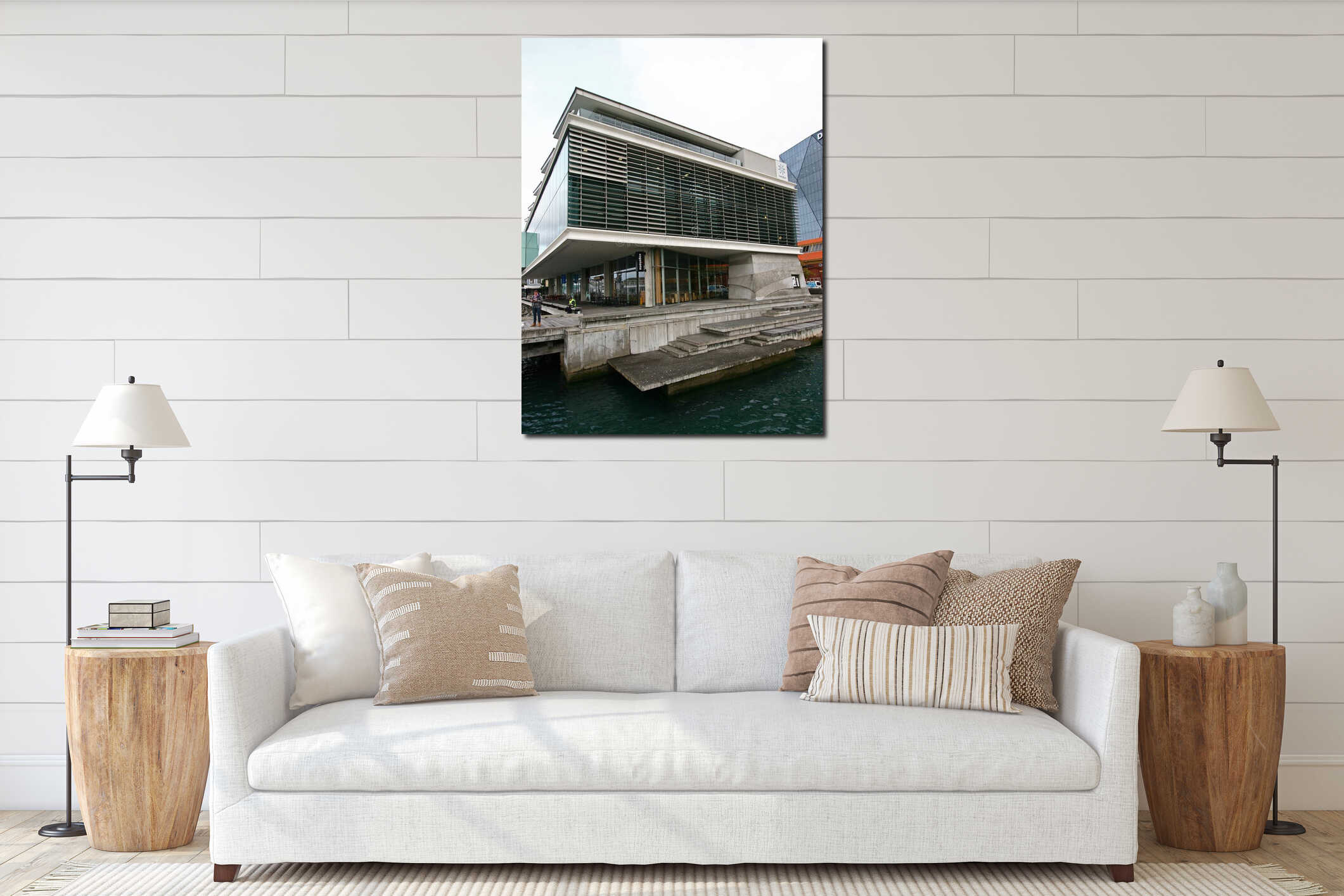Modern Meridian Energy Building with louvre screen, seafront deck, stairs on water in North Kumutoto, Wellington CBD, New Zealand interior mockup
