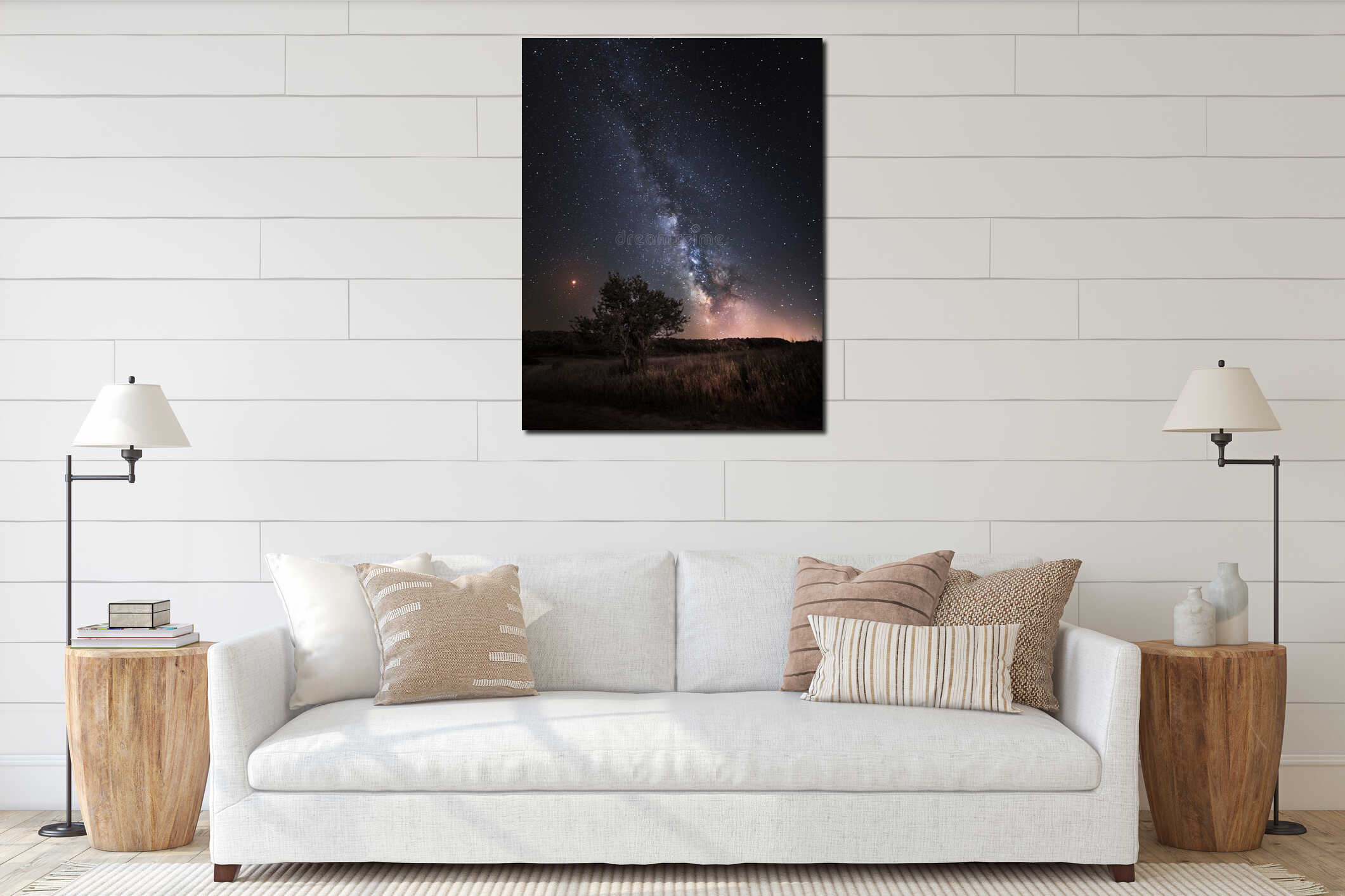 Silhouette of Tree with natural landscape and Milky Way galaxy. interior mockup