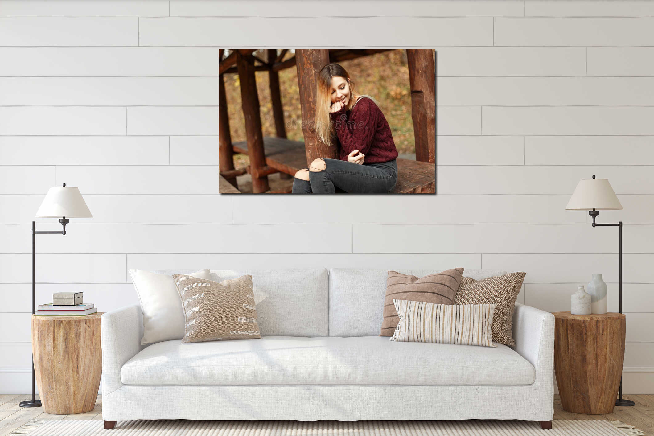 Happy young model girl with a smile in a fashionable sweater interior mockup