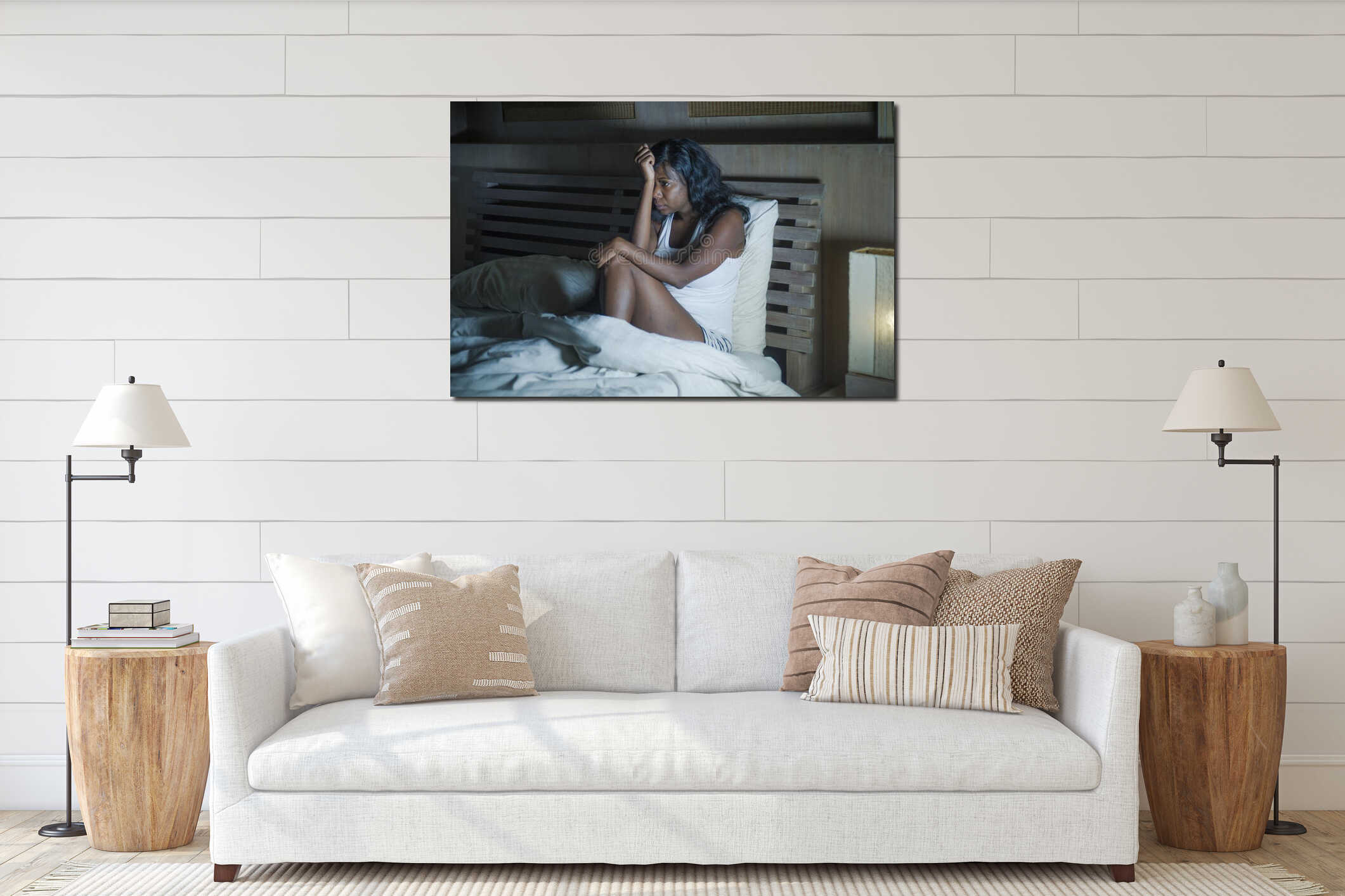 Night portrait of young sad and worried black african American woman in bed at home sleepless and stressed feeling depressed suffe interior mockup