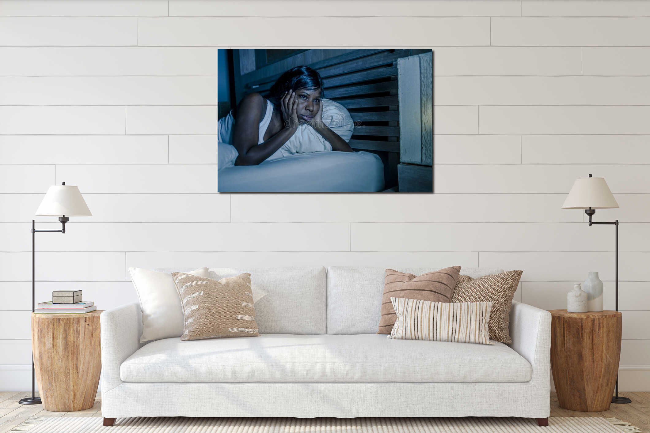 Night portrait of young sad and worried black african American woman in bed at home sleepless and stressed feeling depressed suffe interior mockup