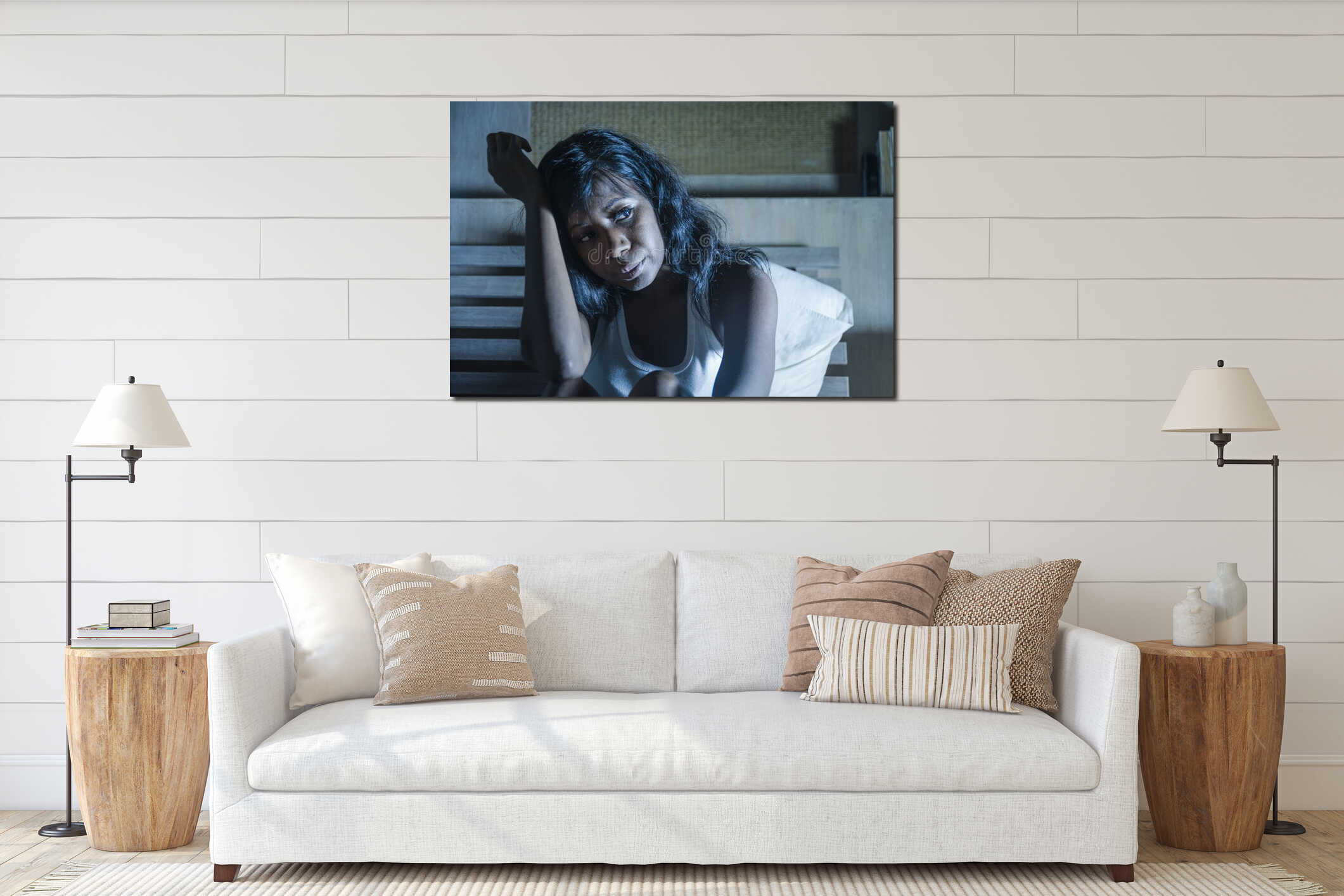 Night portrait of young sad and worried black african American woman in bed at home sleepless and stressed feeling depressed suffe interior mockup