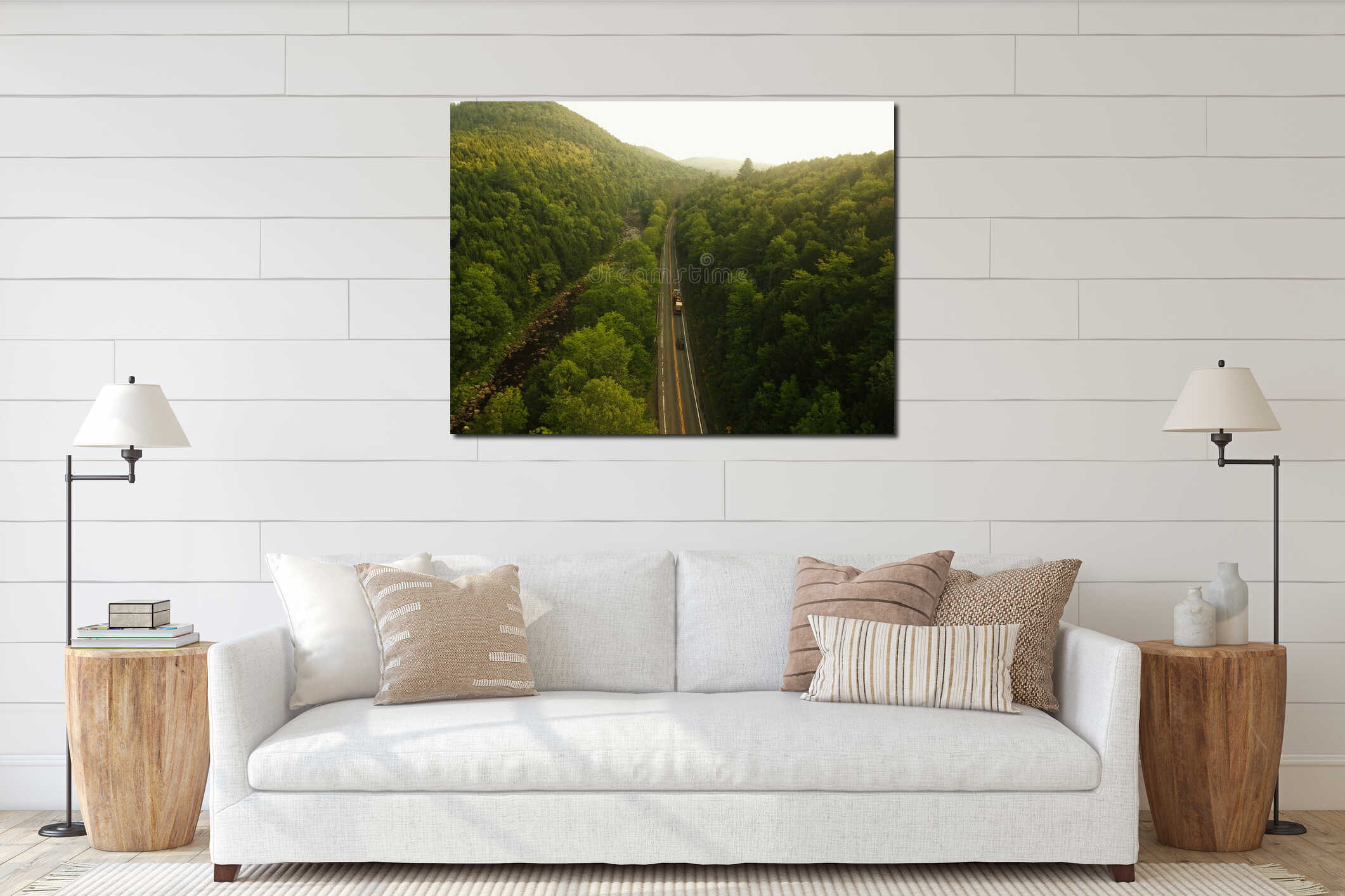 Aerial Drone shot of truck driving down a road in the misty Adirondack Mountains. interior mockup