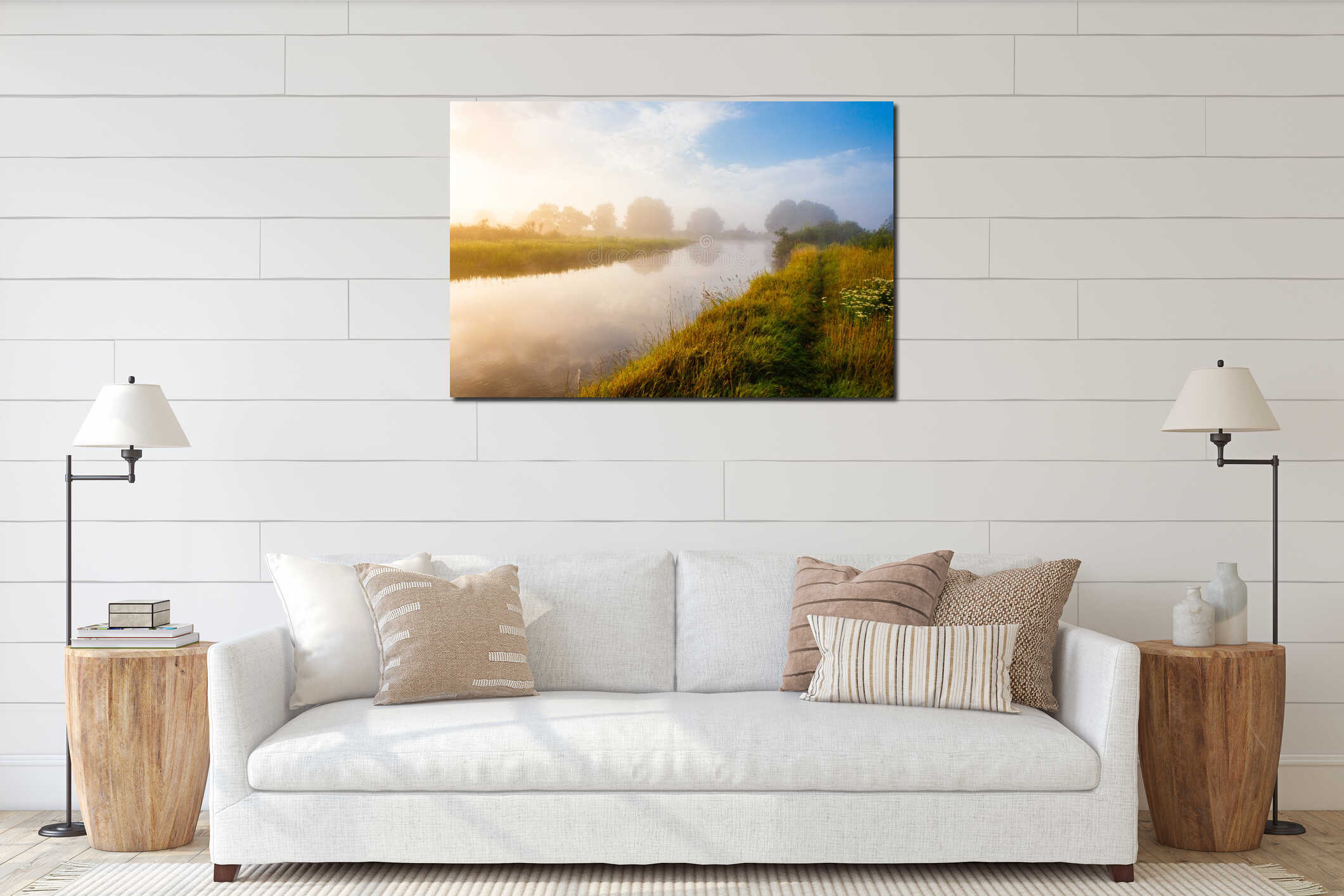 Peaceful sunrise, foggy river in quiet rural area interior mockup