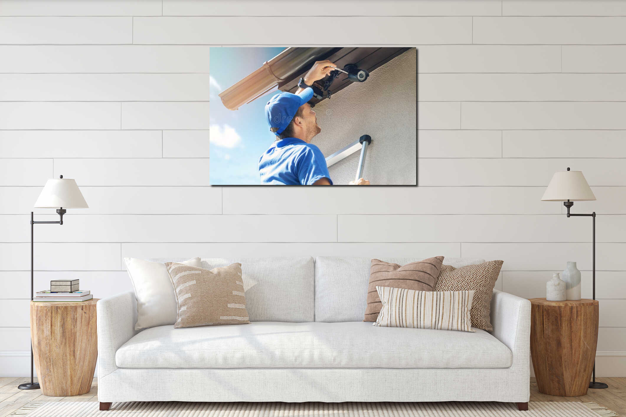 Man install outdoor surveillance ip camera for home security interior mockup