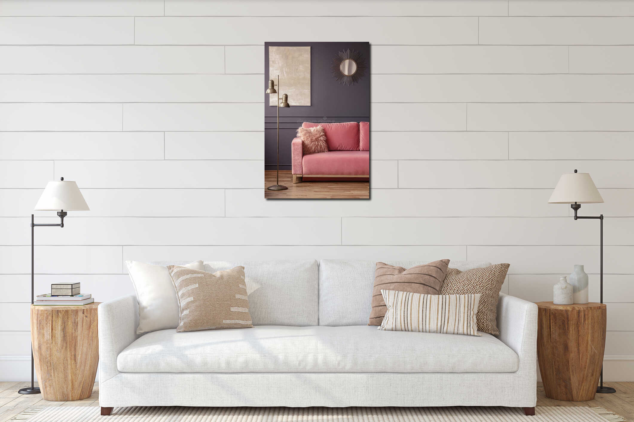 Furry pillow on a powder pink sofa, elegant golden sunburst mirror and marble painting on a dark gray wall in a living room inter interior mockup