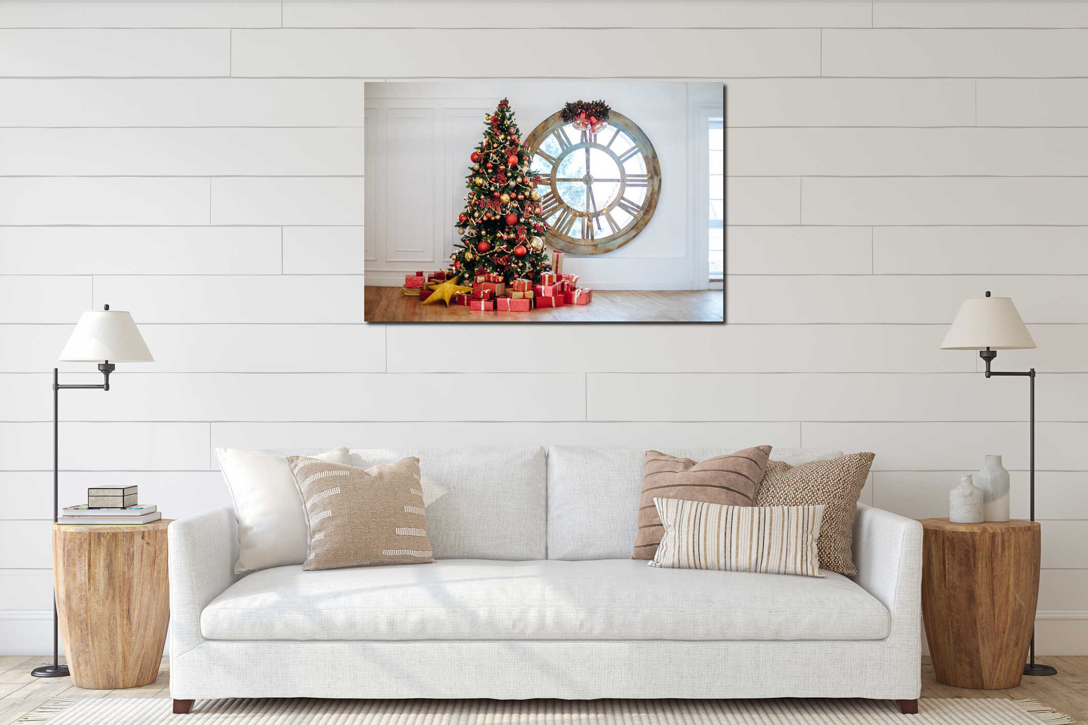 Beautiful Christmas living room with decorated Christmas tree, gifts in front of whate wall. New year tree with red and gold decor interior mockup