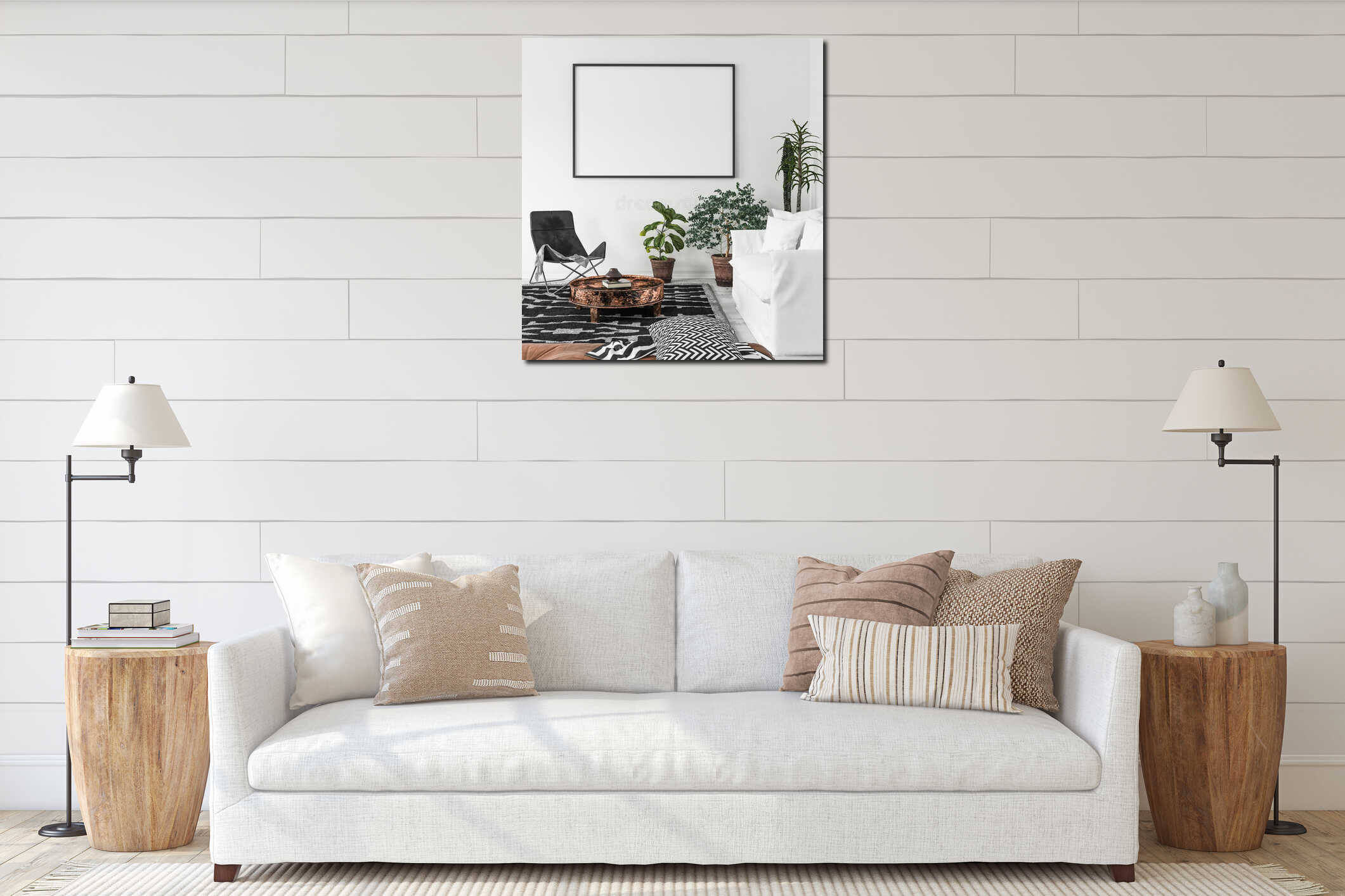 Mock-up poster frame in living room background, Scandi-Boho style interior mockup