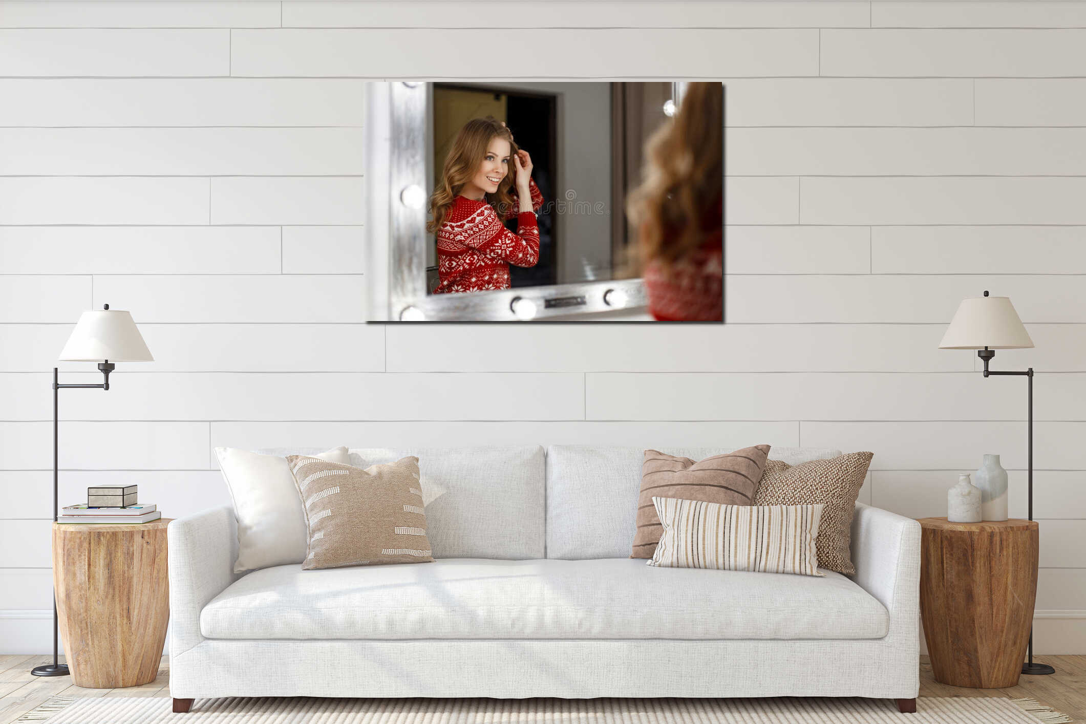 Young happy girl with a smile in a red vintage sweater interior mockup