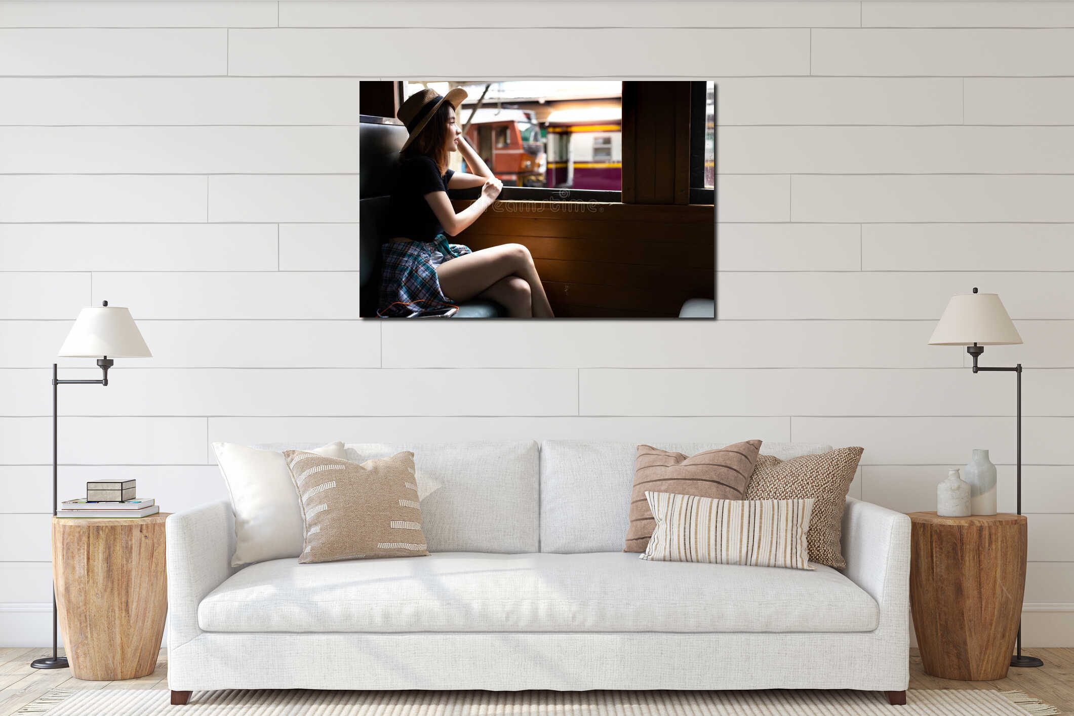 Portrait beautiful traveler woman. Charming beautiful woman love interior mockup