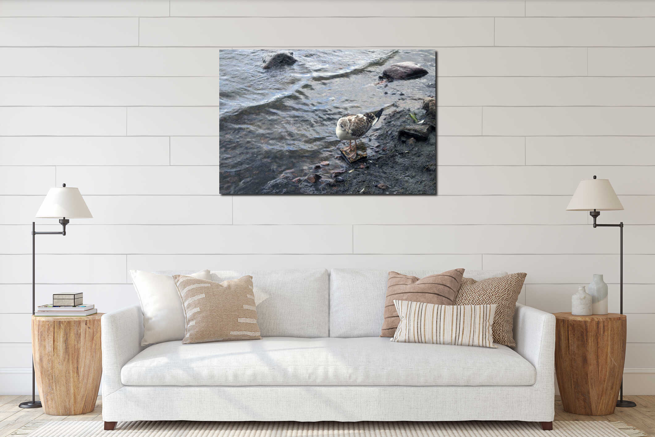 Cute young seagull staying in a transparent water interior mockup