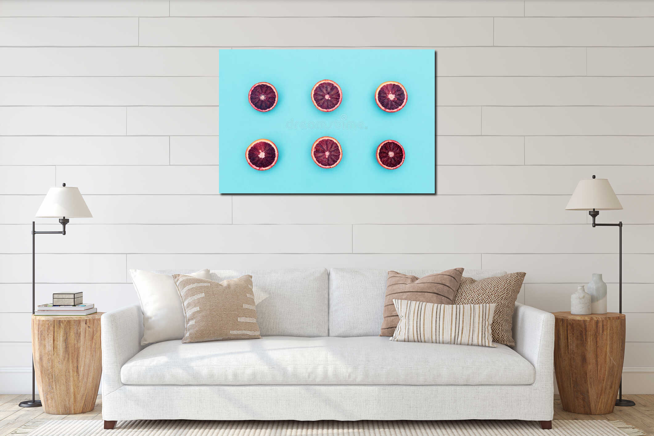 Red oranges on the bold blue background. Creative minimalism and interior mockup