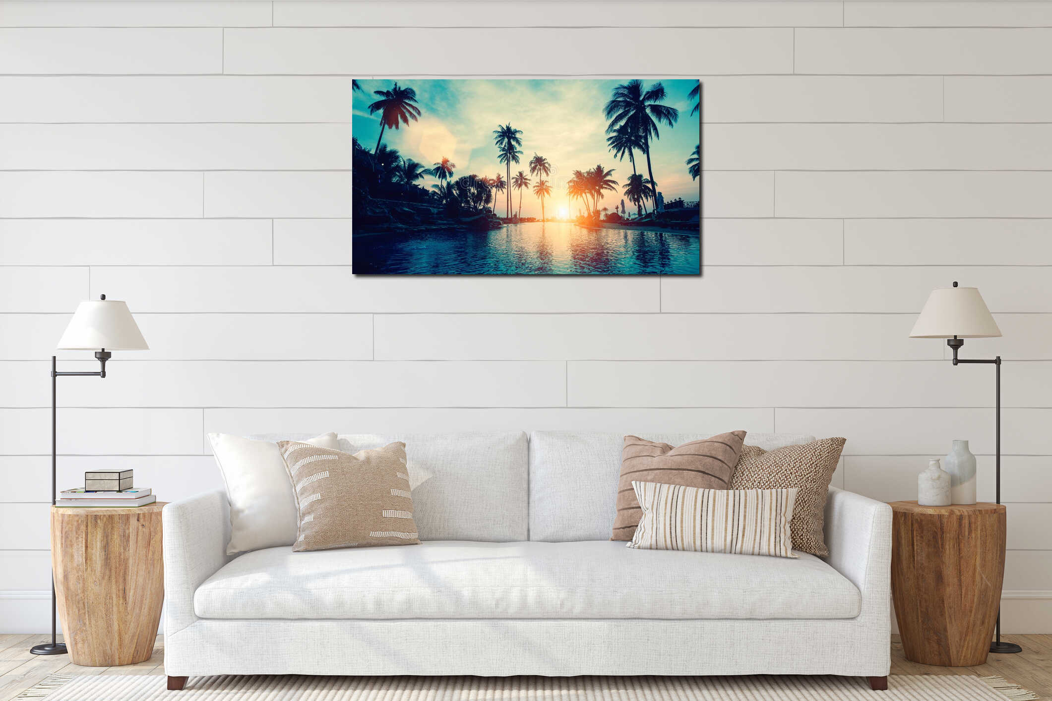 Amazing sunset on palm coast sea in subtropics. Nature. interior mockup