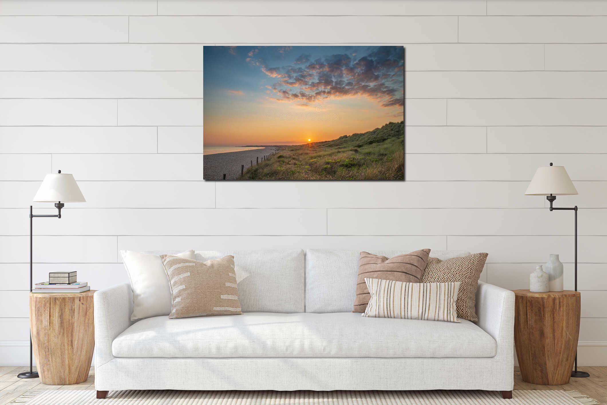 Beautiful vibrant Summer sunset beach landscape with stunning sk interior mockup