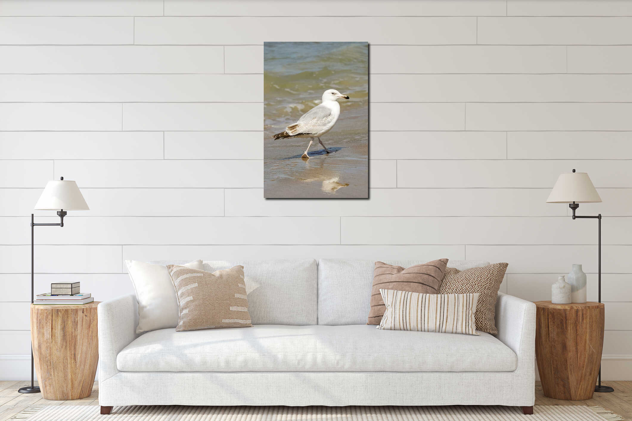 Lone seagull during a walk on the beach interior mockup
