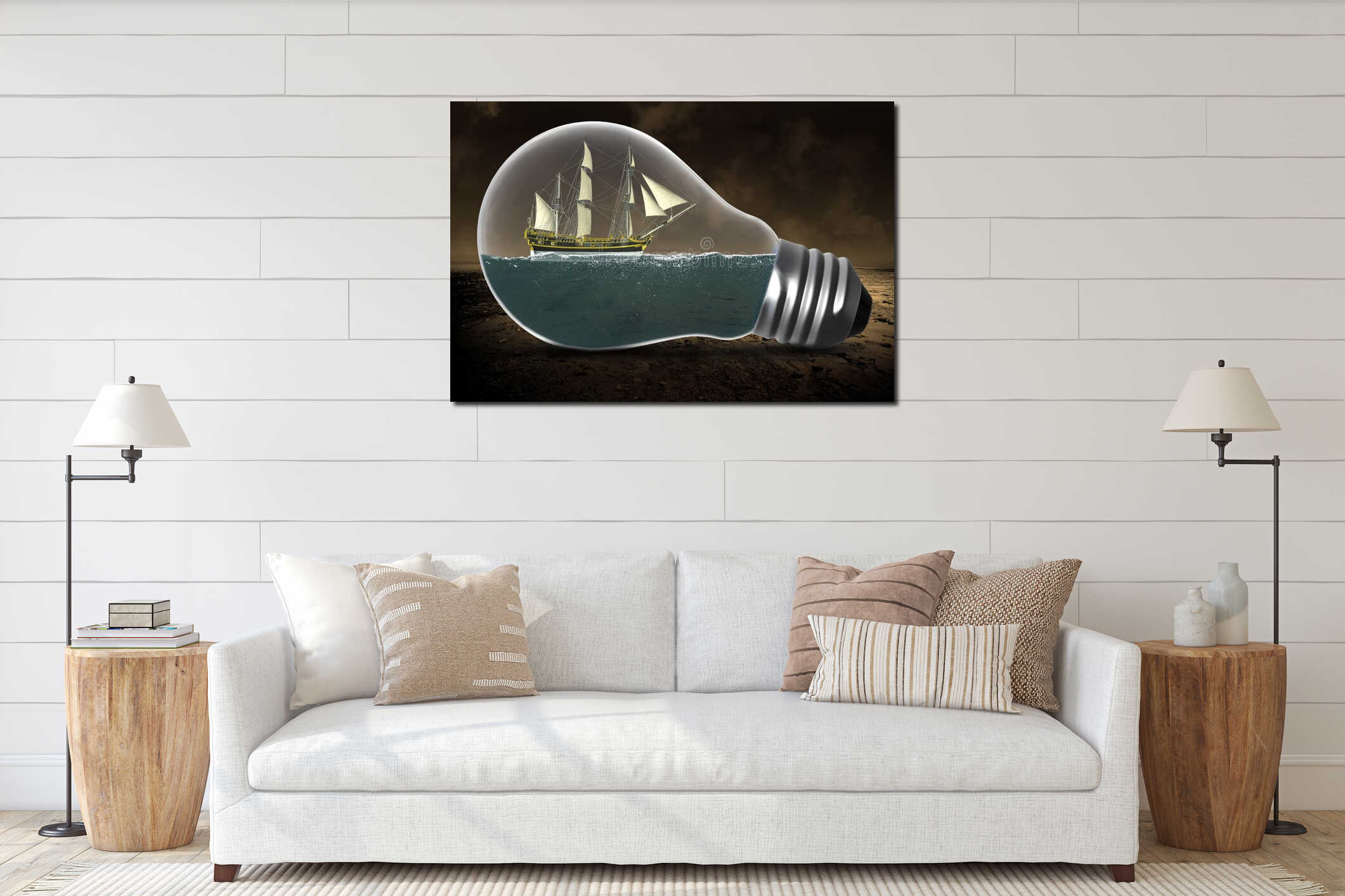 Tall Sailing Ship, Surreal Light Bulb, Water interior mockup