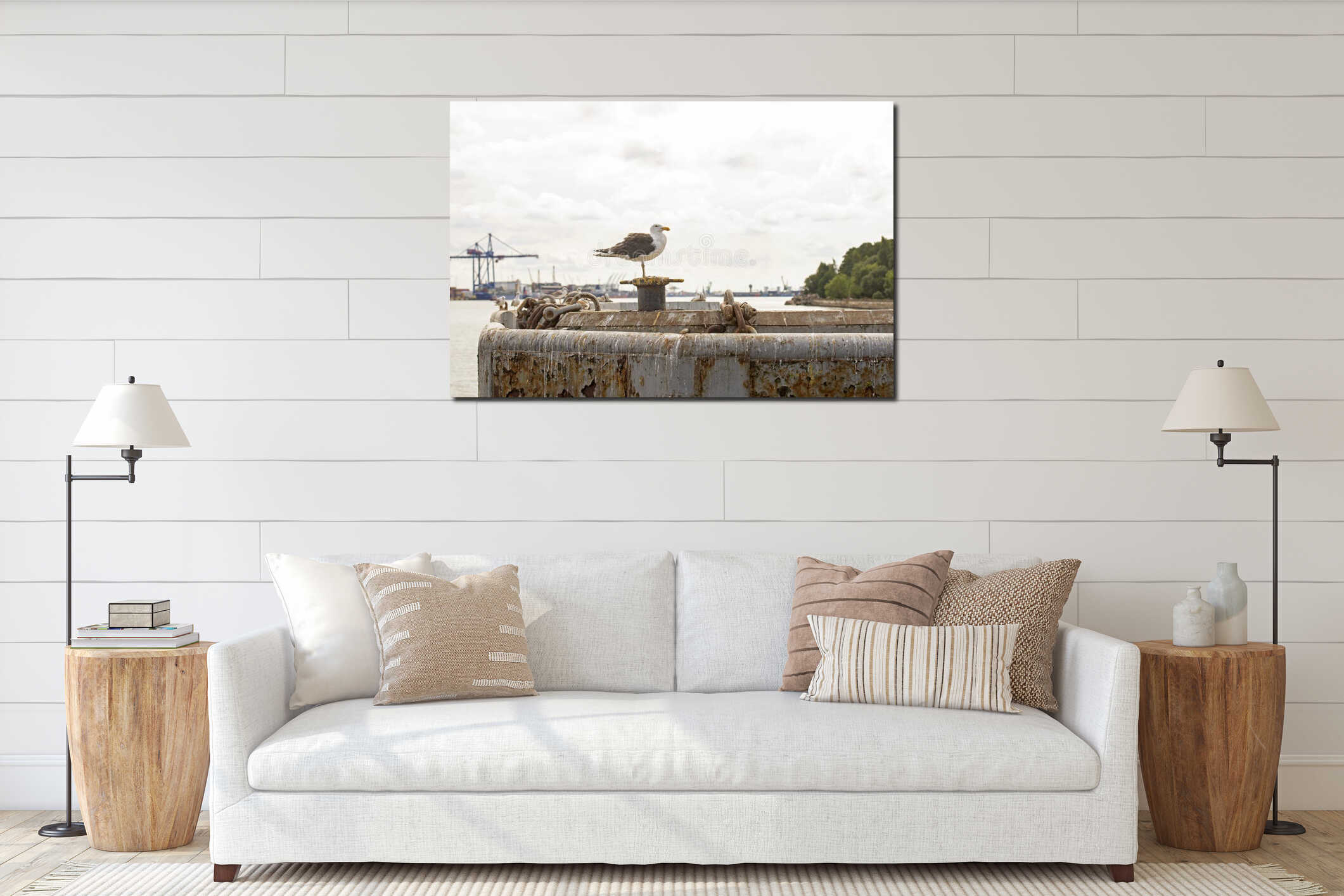 Big seagull standing on a pier near the seaport interior mockup