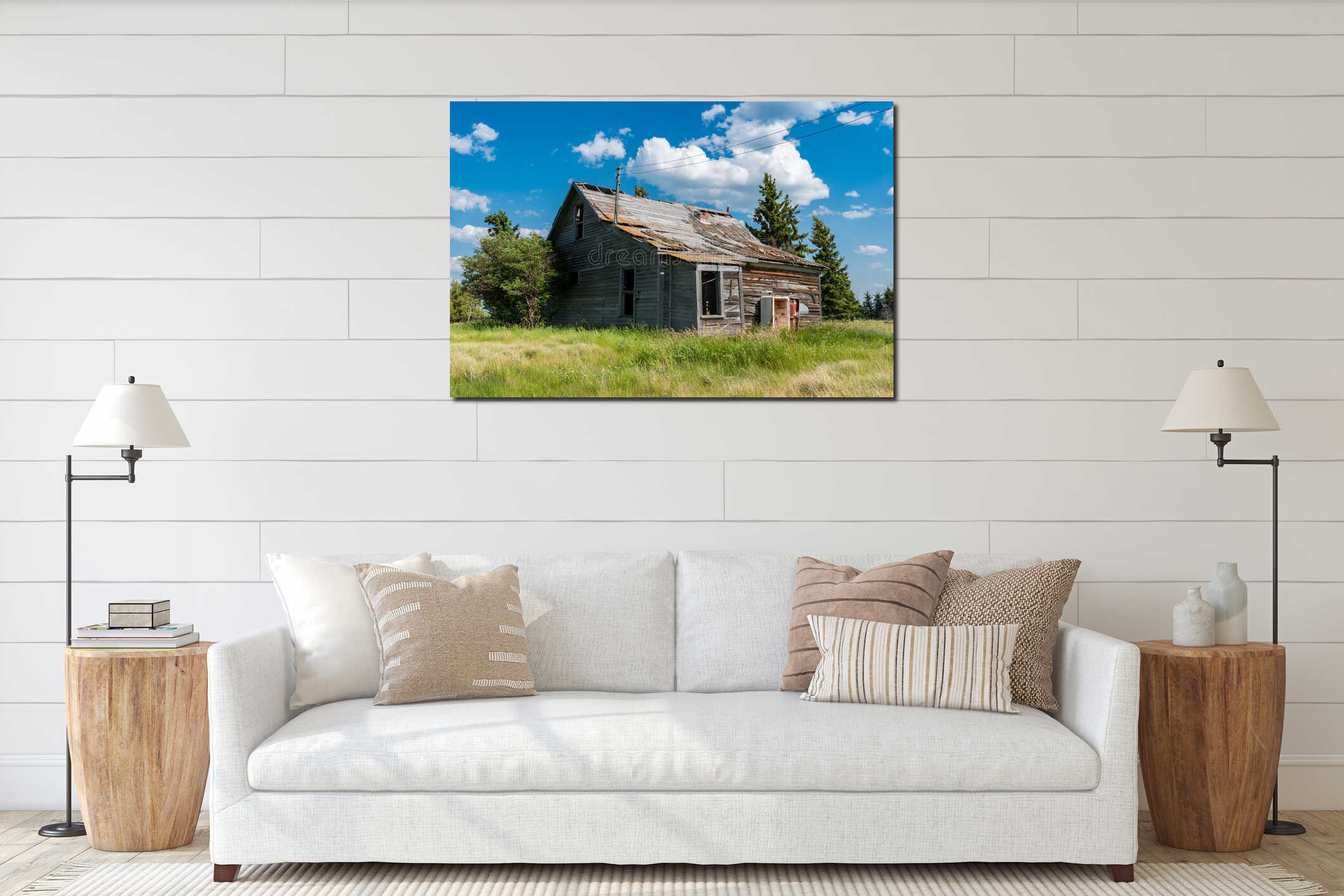 Old abandoned prairie farmhouse surrounded by trees, tall grass and blue sky interior mockup