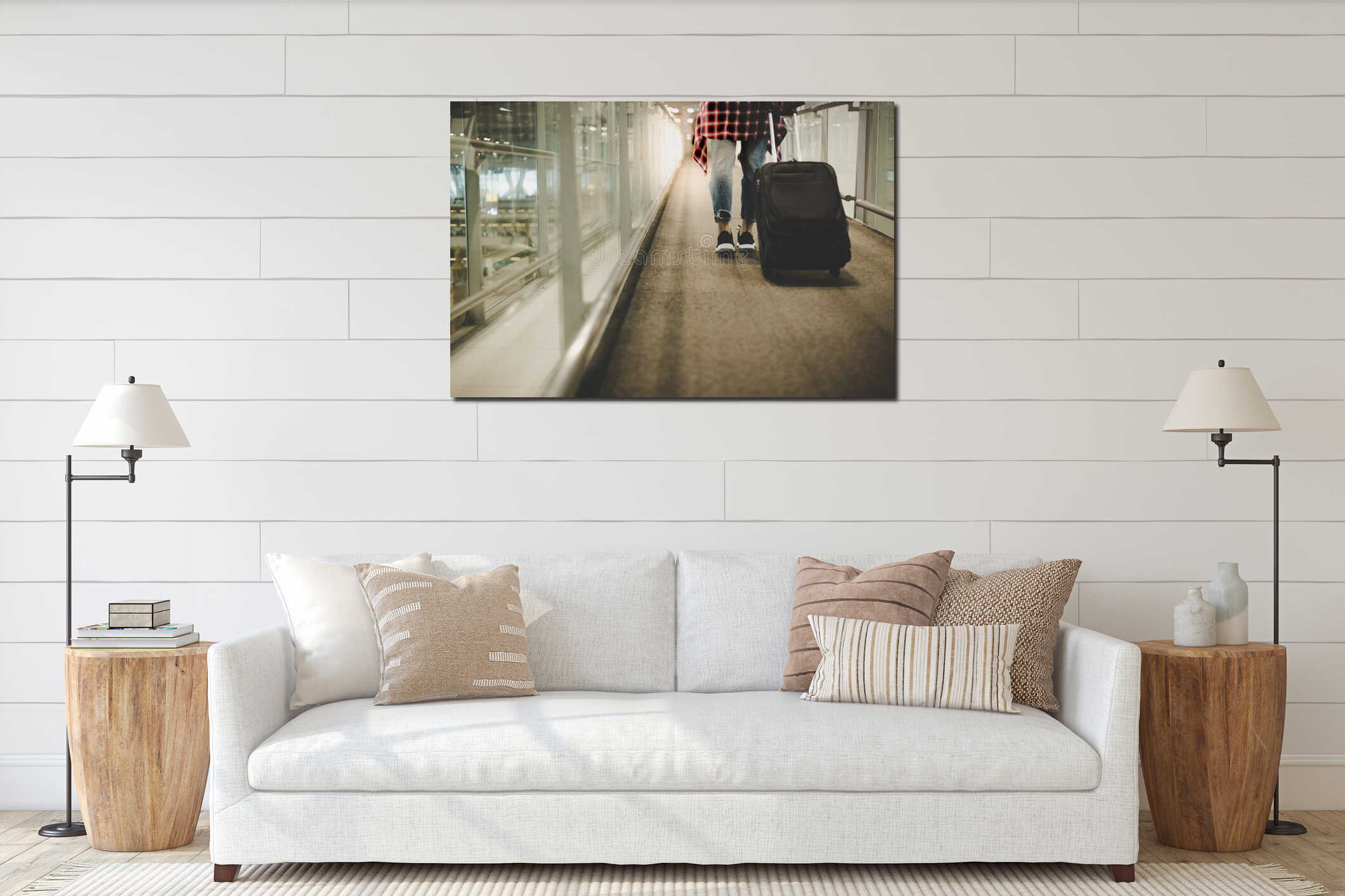 Portrait charming beautiful traveler woman. Attractive girl hold interior mockup