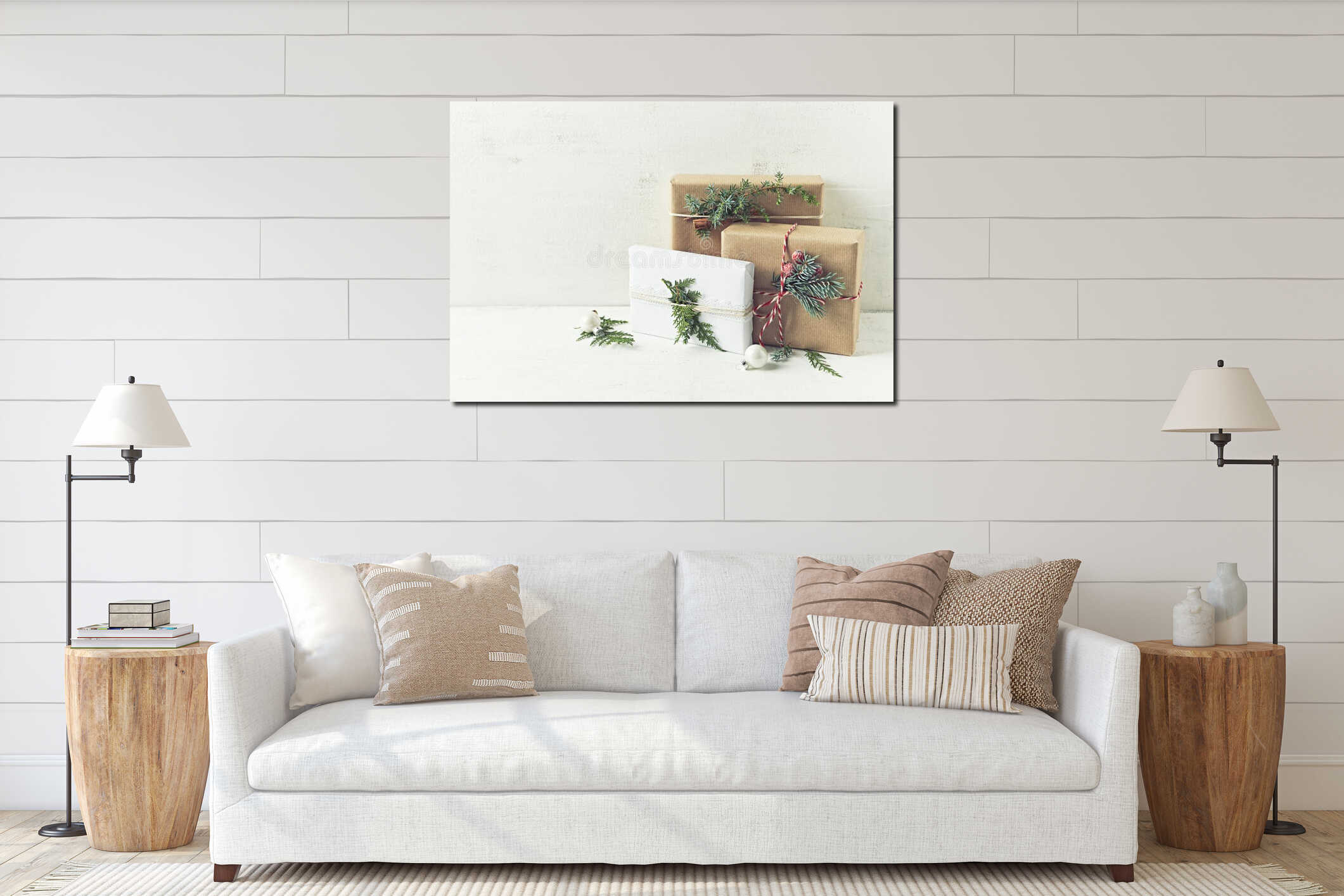 Christmas presents decorated with natural evergreen twigs and cinnamon stick. Copy space interior mockup