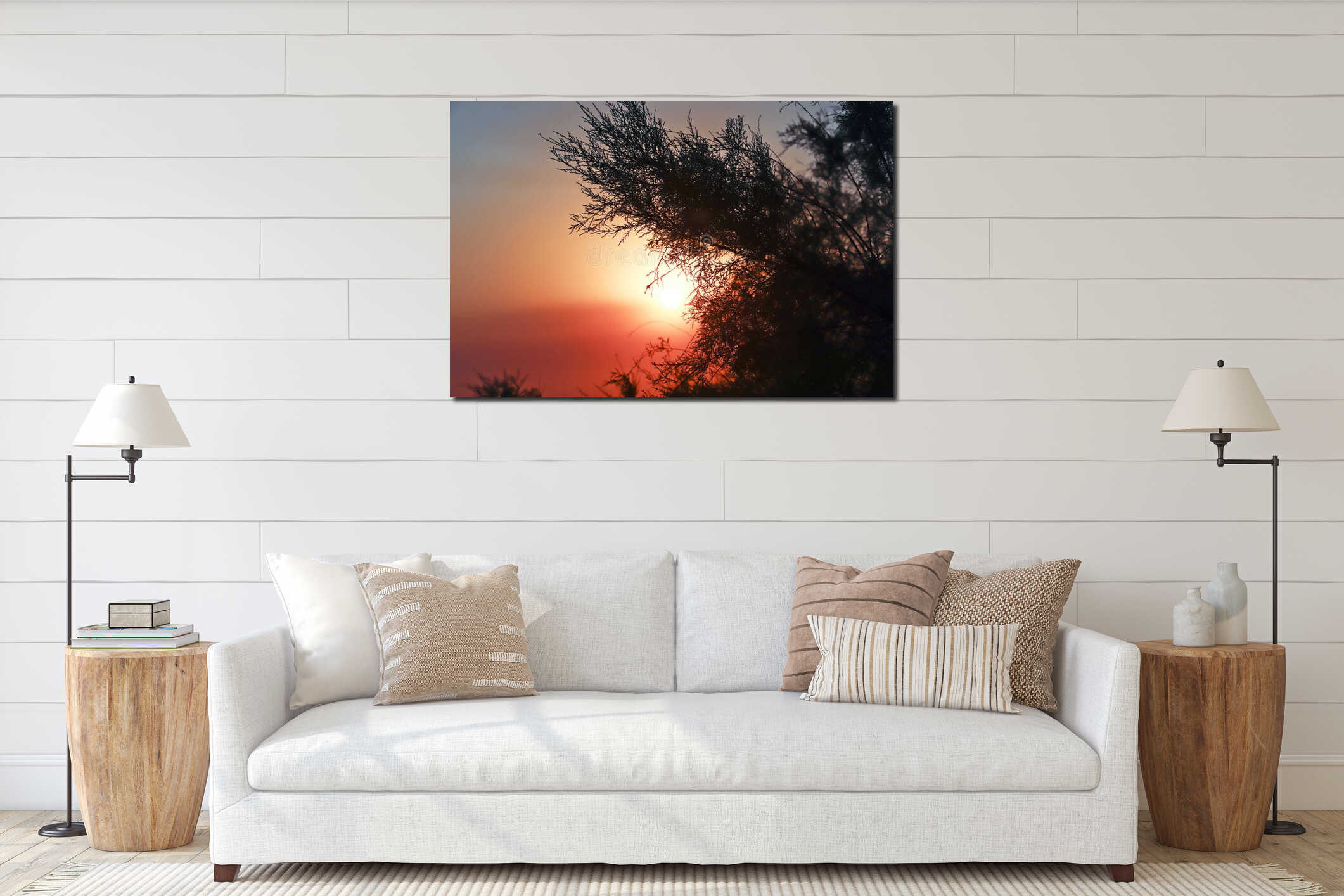 Sea sunset. Silhouettes of shrubs in the light of the setting sun. interior mockup