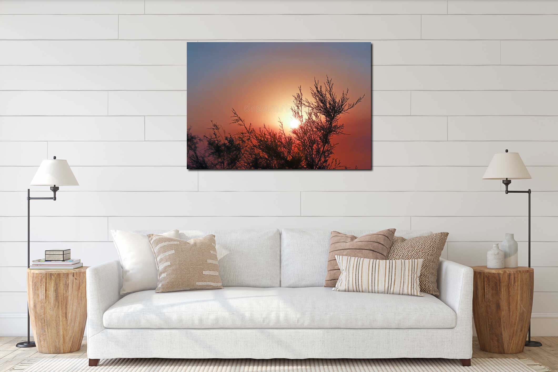Sea sunset. Silhouettes of shrubs in the light of the setting s interior mockup