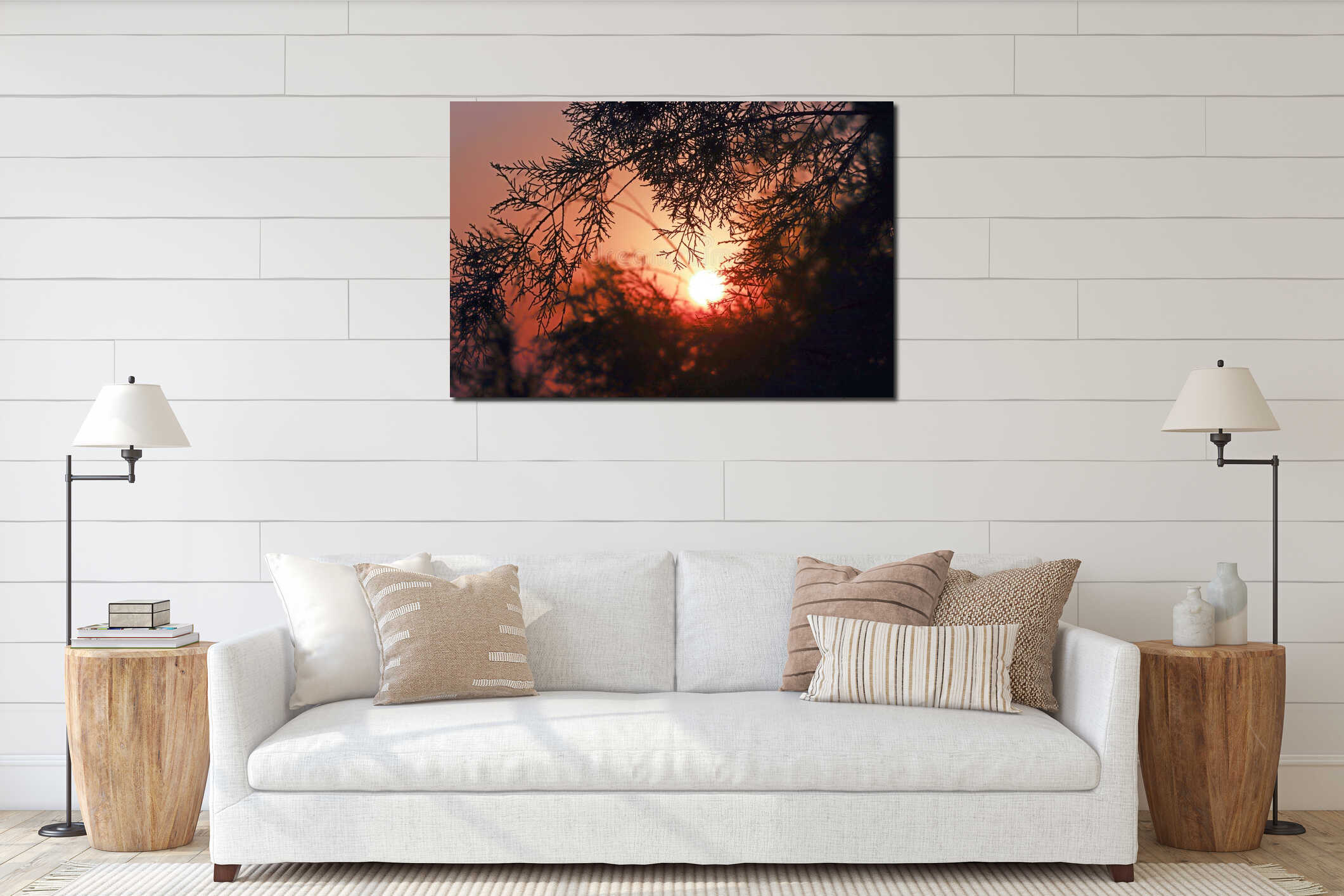 Sea sunset. Silhouettes of shrubs in the light of the setting sun. interior mockup