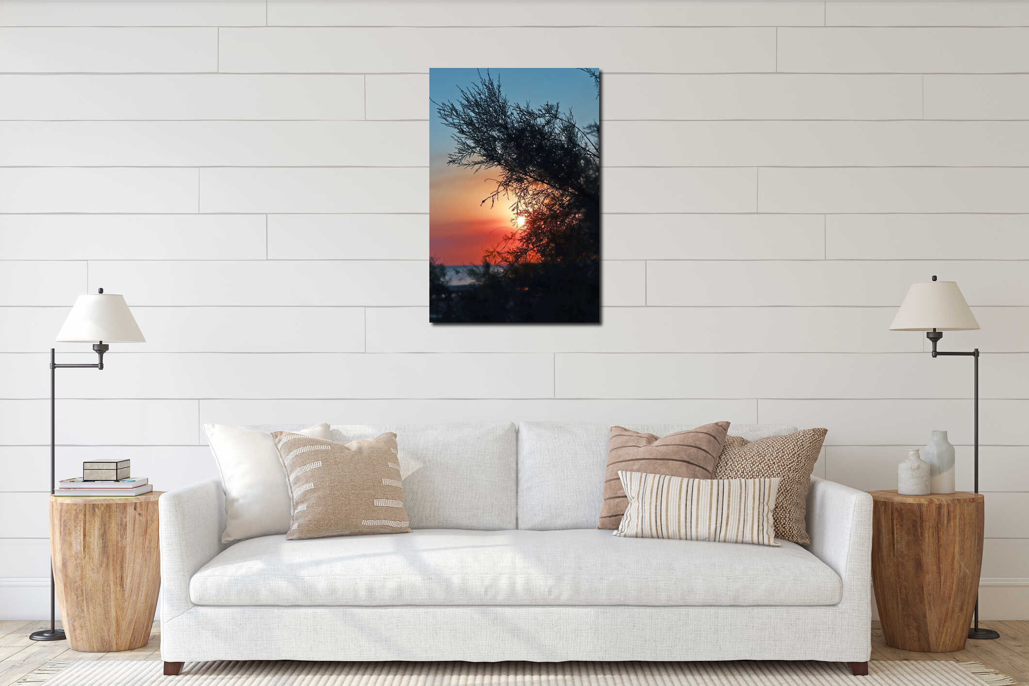 . Sea sunset. Silhouettes of shrubs in the light of the setting interior mockup