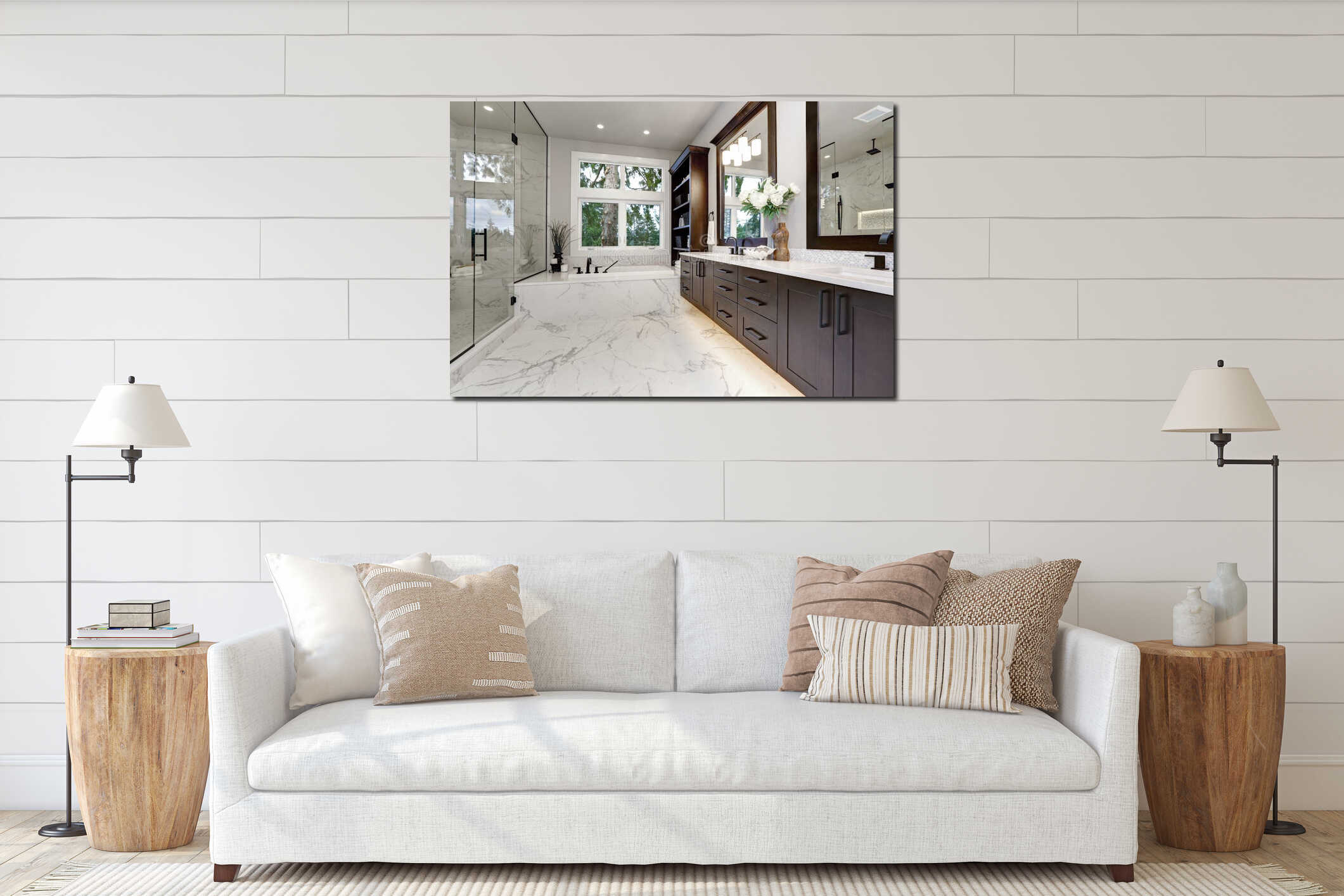 Master modern bathroom interior in luxury home with dark hardwood cabinets, white tub and glass door shower interior mockup