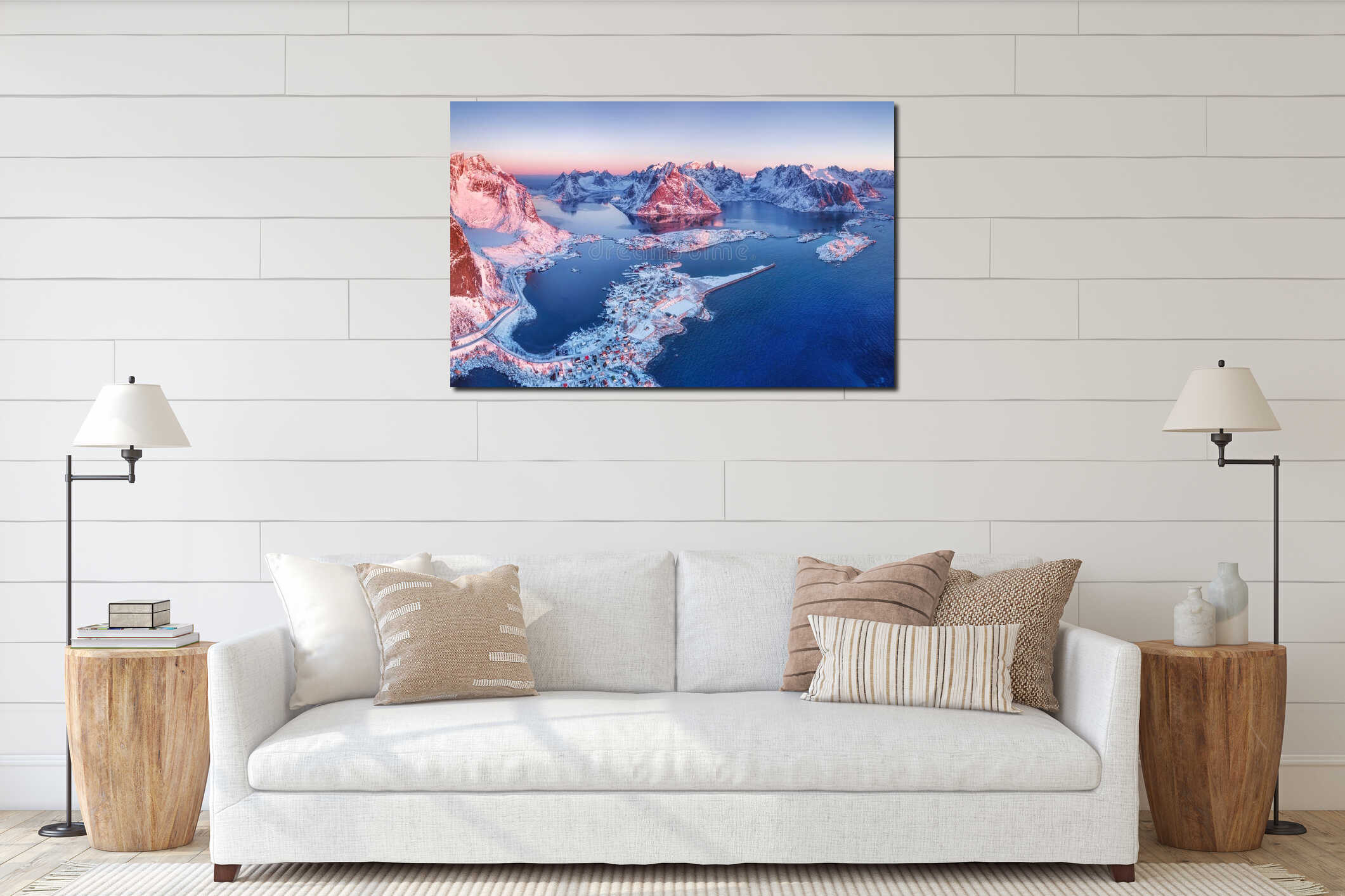 Aerial view at the Lofoten islands, Norway. Mountains and sea during sunset. interior mockup