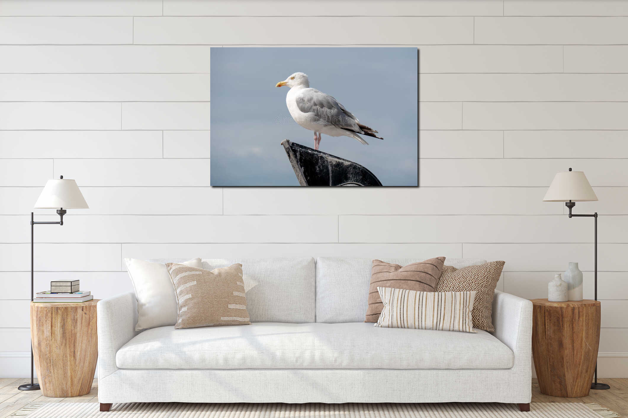 Closeup of a seagull perched on lamppost interior mockup