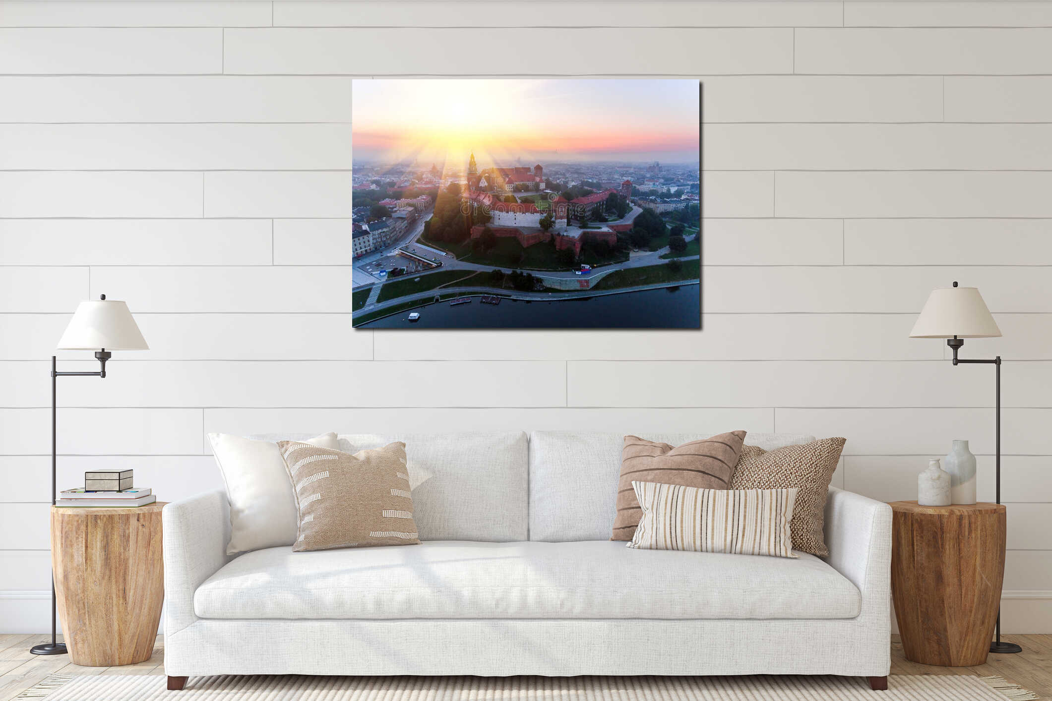 Aerial view Royal Wawel Castle and Gothic Cathedral in Cracow, Poland, with Renaissance Sigismund Chapel with golden interior mockup