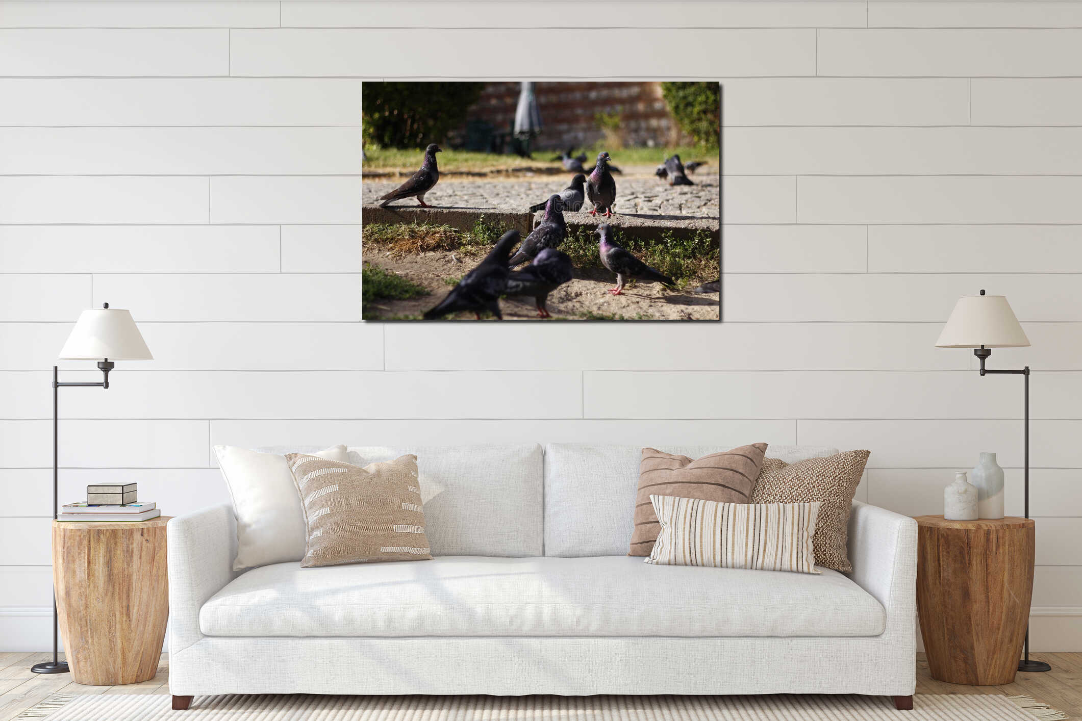 Pigeons are in the garden of the mosque. interior mockup