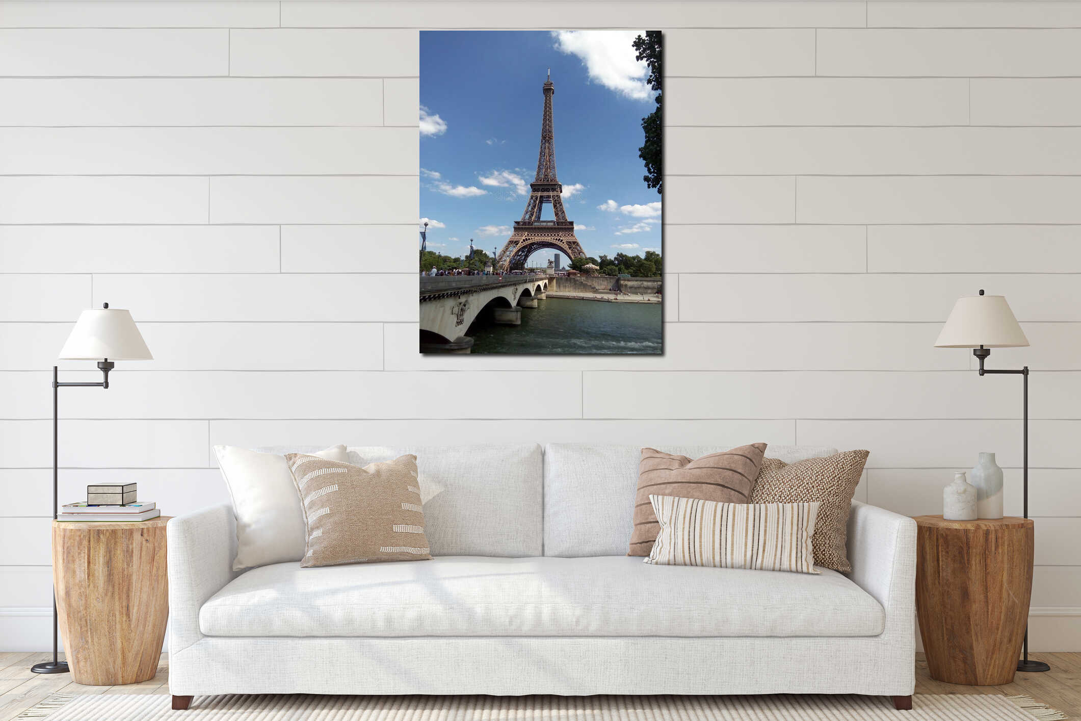 Magnificent Eiffel Tower in a cloudy day interior mockup