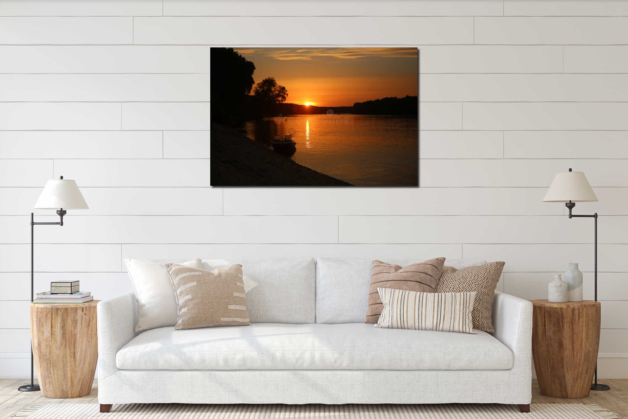 Sunset and fishing boat river reflection water interior mockup