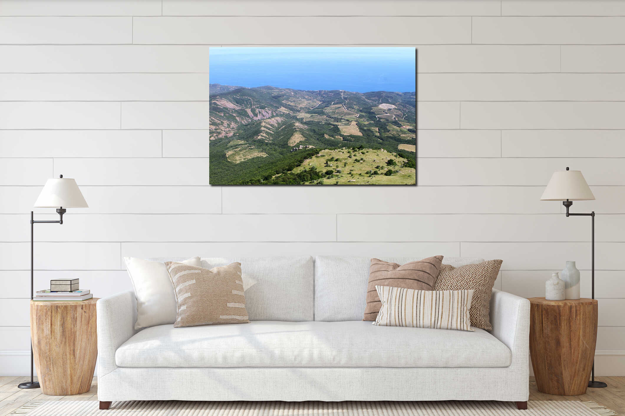 Aerial natural landscape photo of mountains and the sea interior mockup