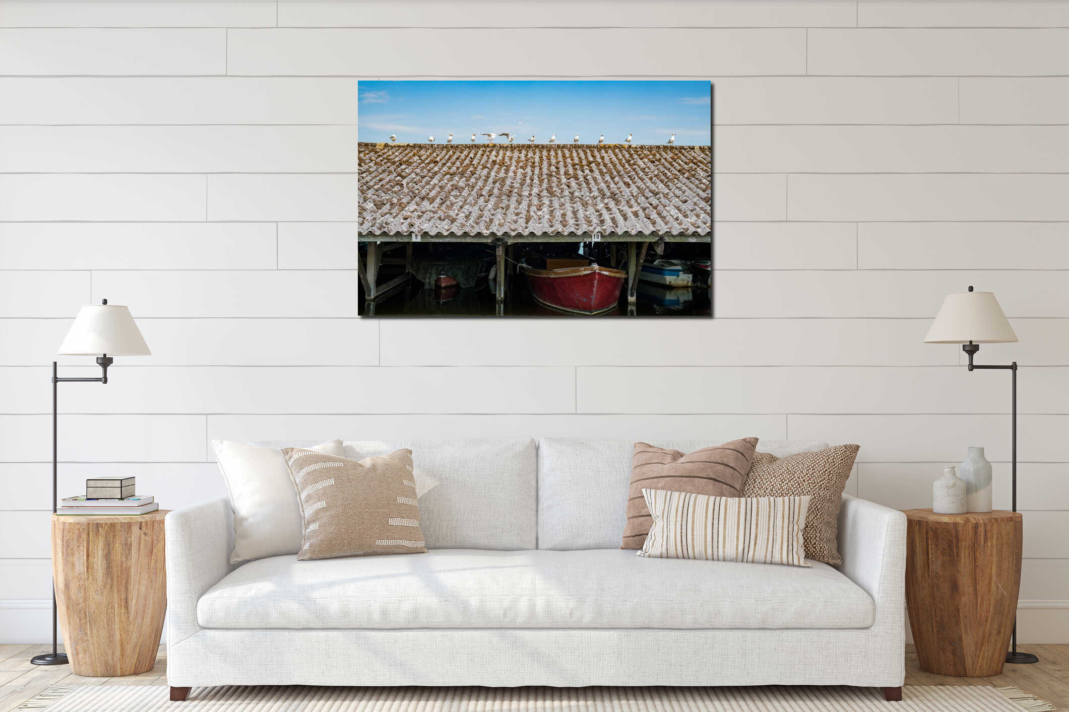 Many seagull standing on a house roof interior mockup
