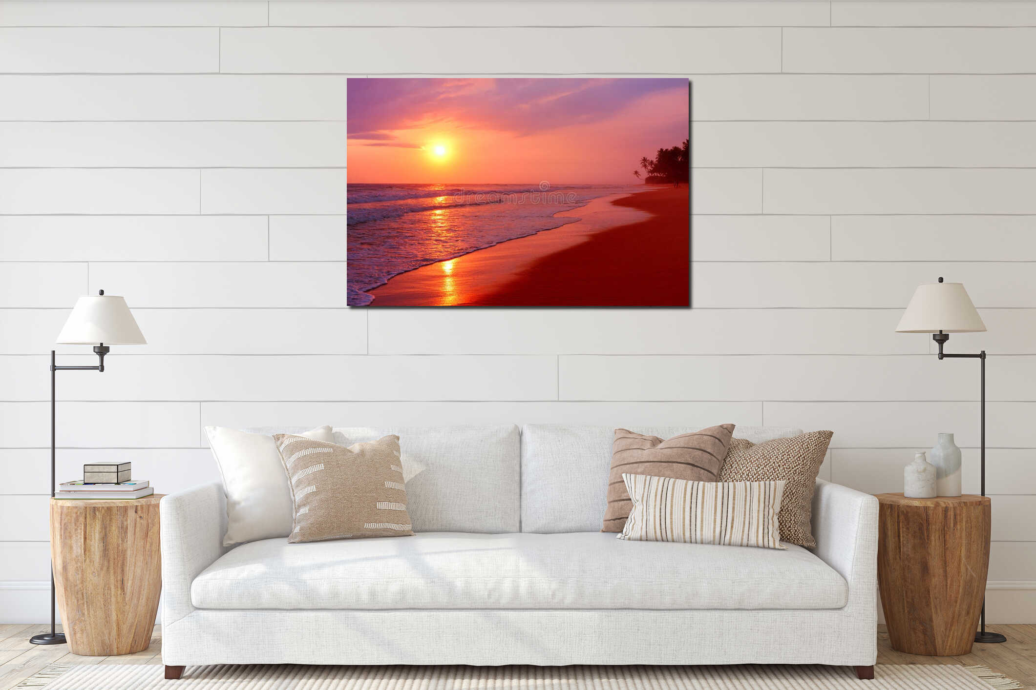 Scenic tropical beach with palm trees at sunset background, Sri Lanka interior mockup