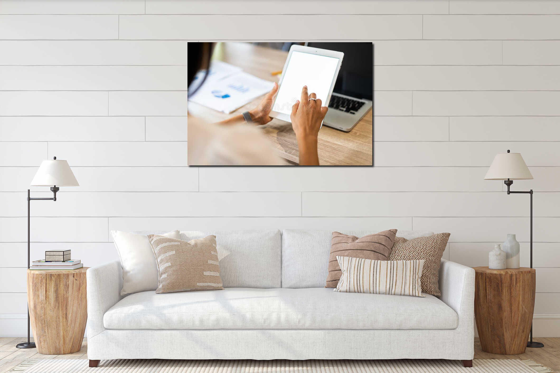 Lifestyle with modern woman using tablet or Ipad with hand holding touchscreen. Hands of working woman with Smart Tablet interior mockup